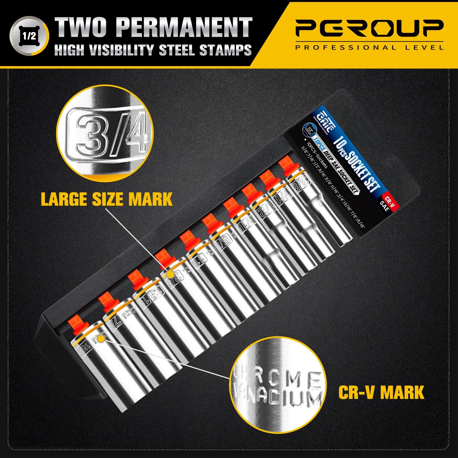 10PCS 1/2” Drive Deep SAE (3/8″-15/16″) Socket Set, 6-Point, Cr-V Steel