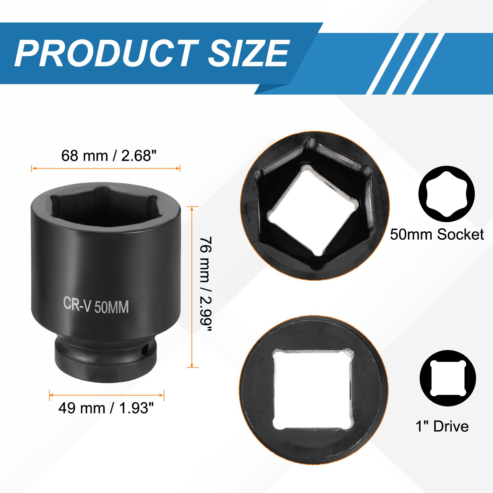 1 Inch Drive 50mm 6 Point Impact Socket Chromium Vanadium Steel