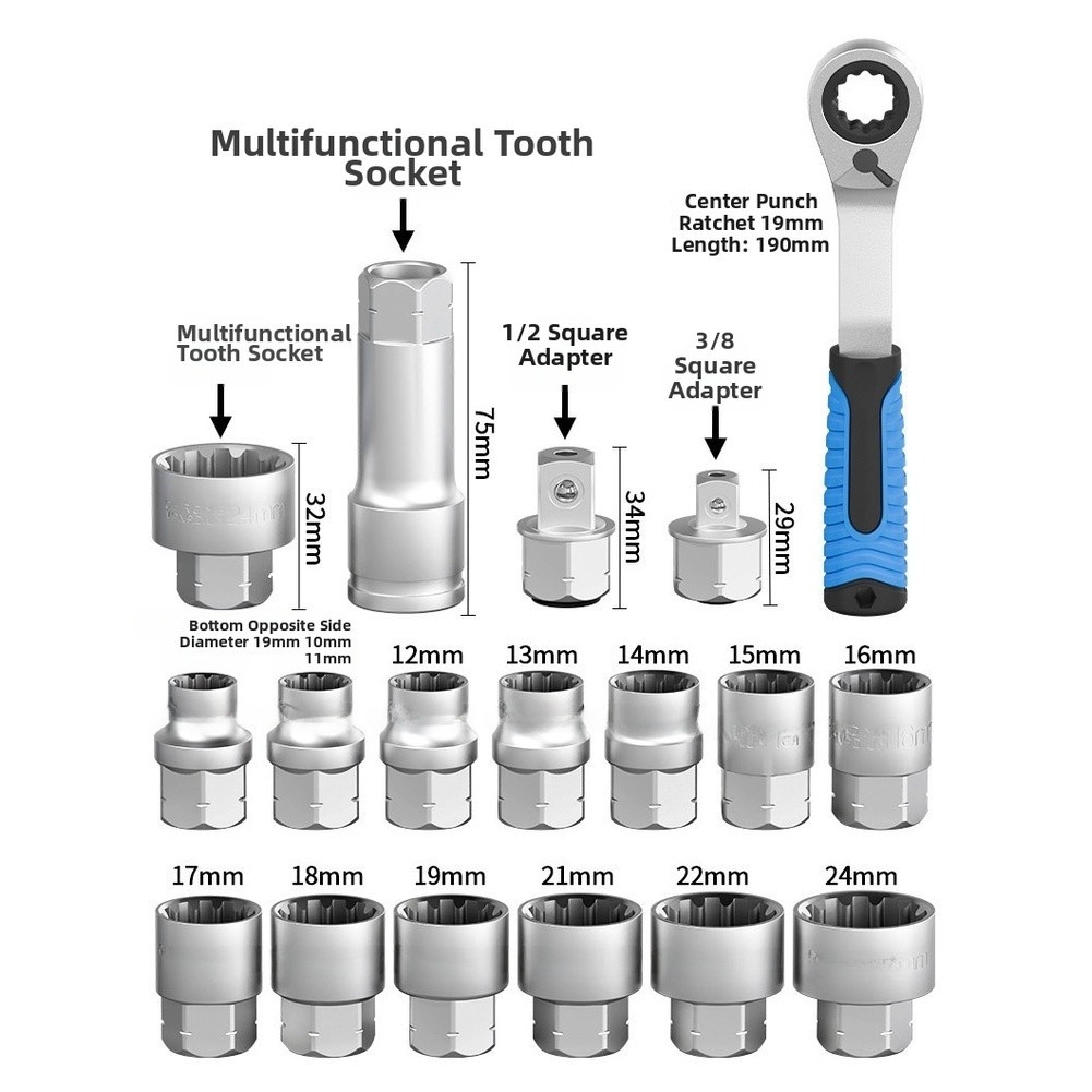 17 Piece 12 Point Ratchet Socket Kit Chrome Vanadium Steel for CR-V Models
