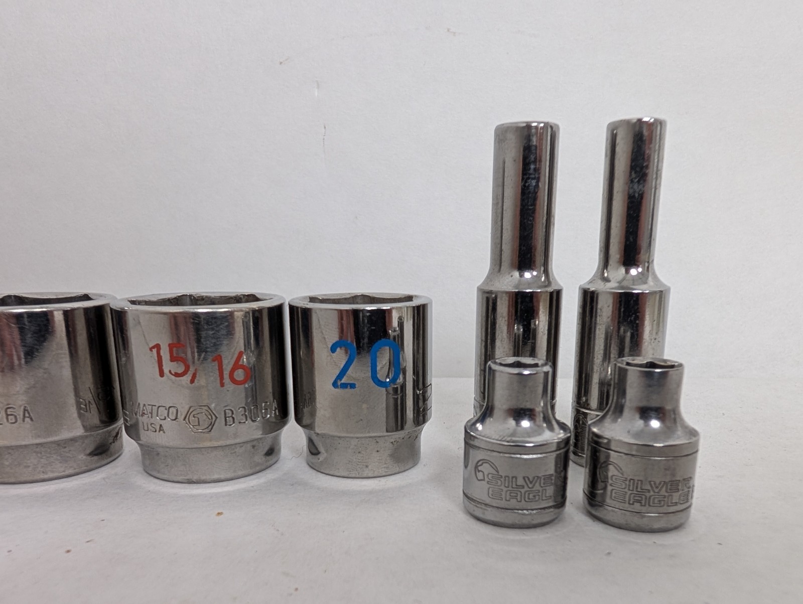 Mixed Matco & Silver Eagle Chrome Socket Lot (8 Pcs) – ALL 3/8″ Drive SAE & Metr