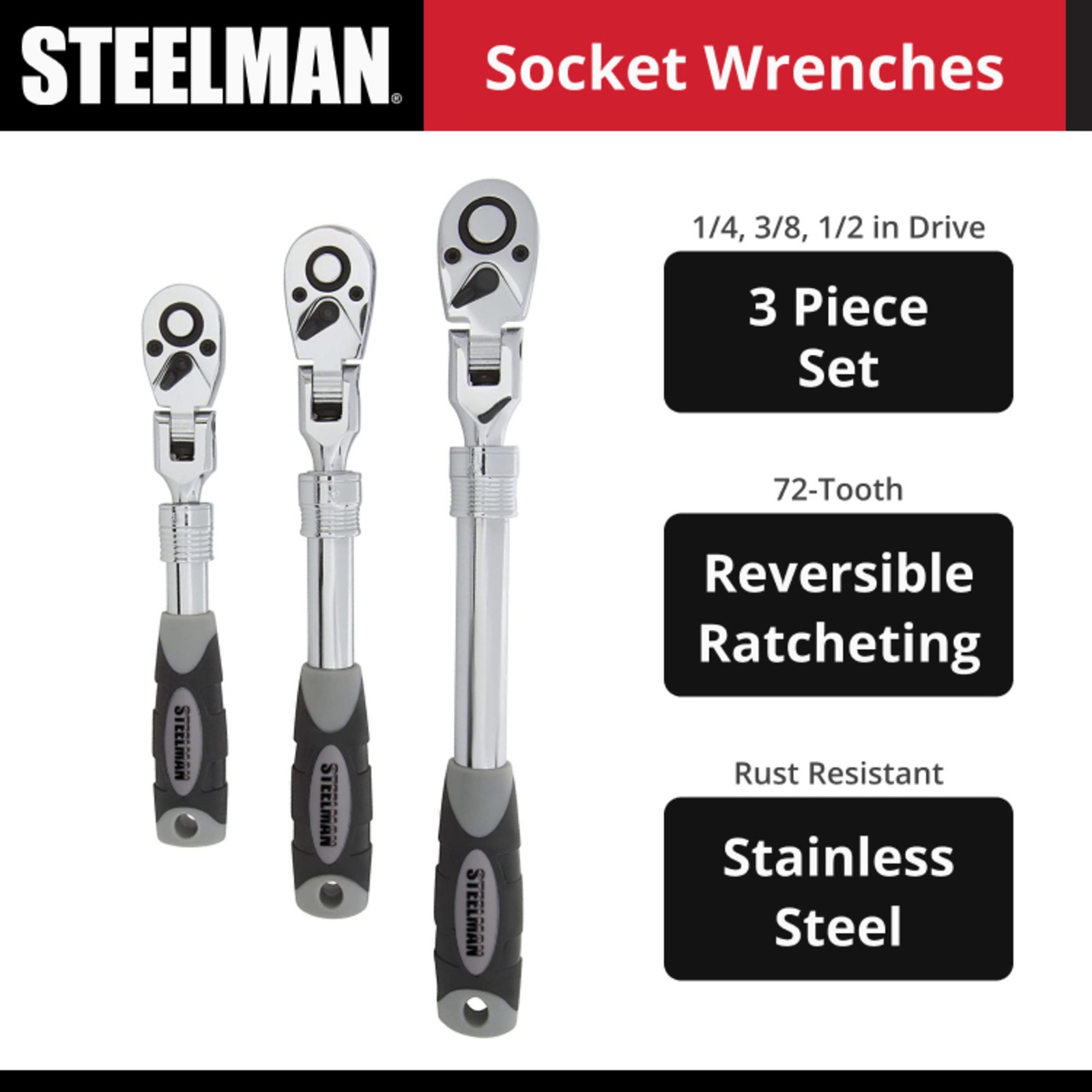 Steelman 3 Pc Extendable Flex Head Ratchet Set Tool Wrench Comfort Grip 96753