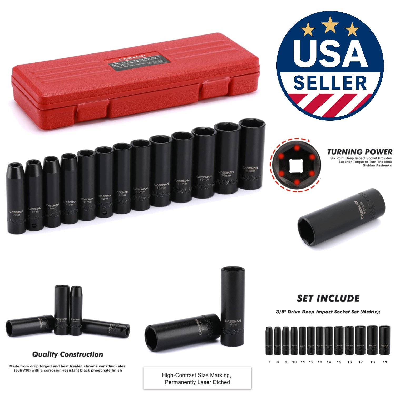 Comprehensive 13-Piece Chrome Vanadium Socket Set – 3/8-Inch Drive, Deep Sizes