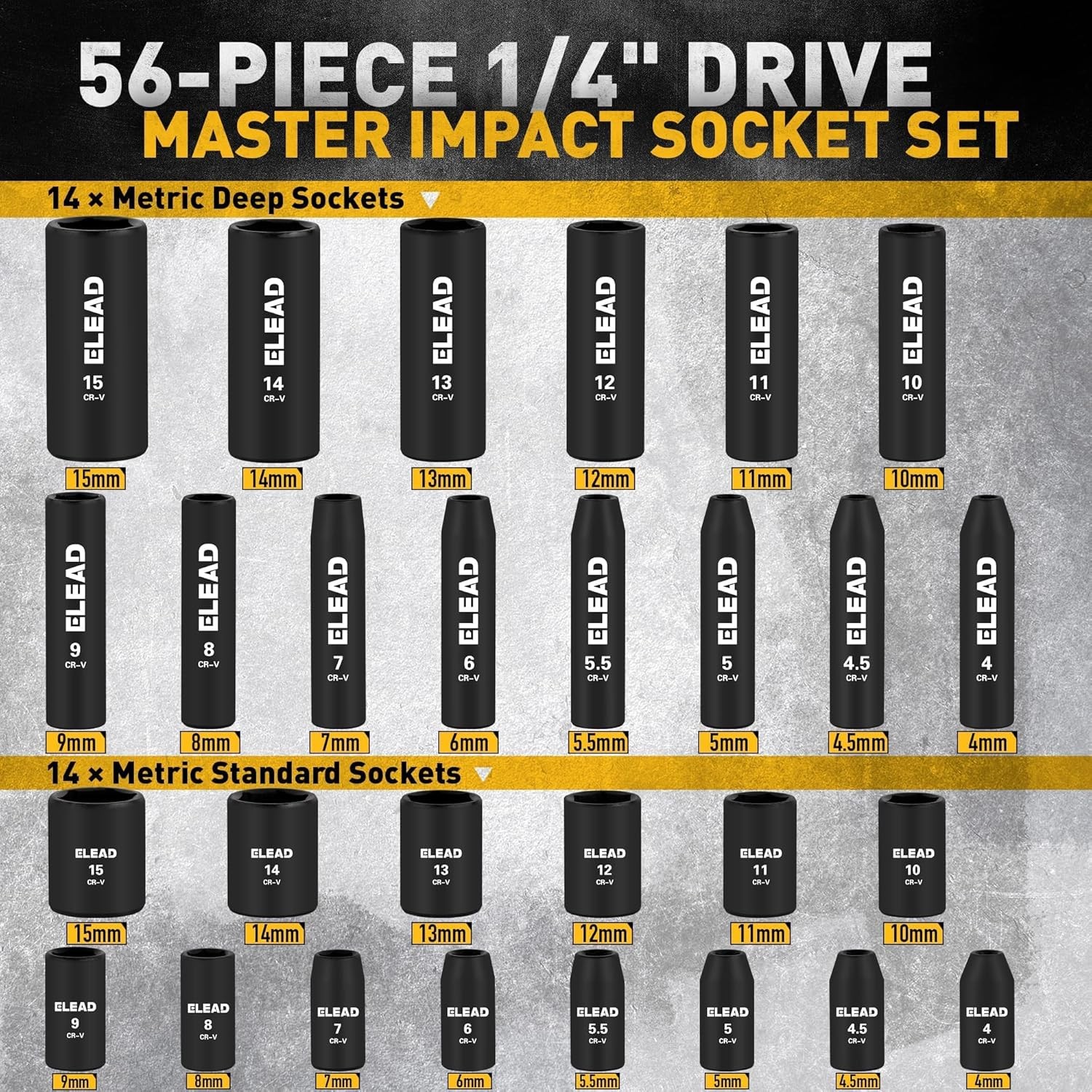 56pcs 1/4″ Drive Impact Socket Set with Case,SAE & Metric,Deep & Shallow,6-Point