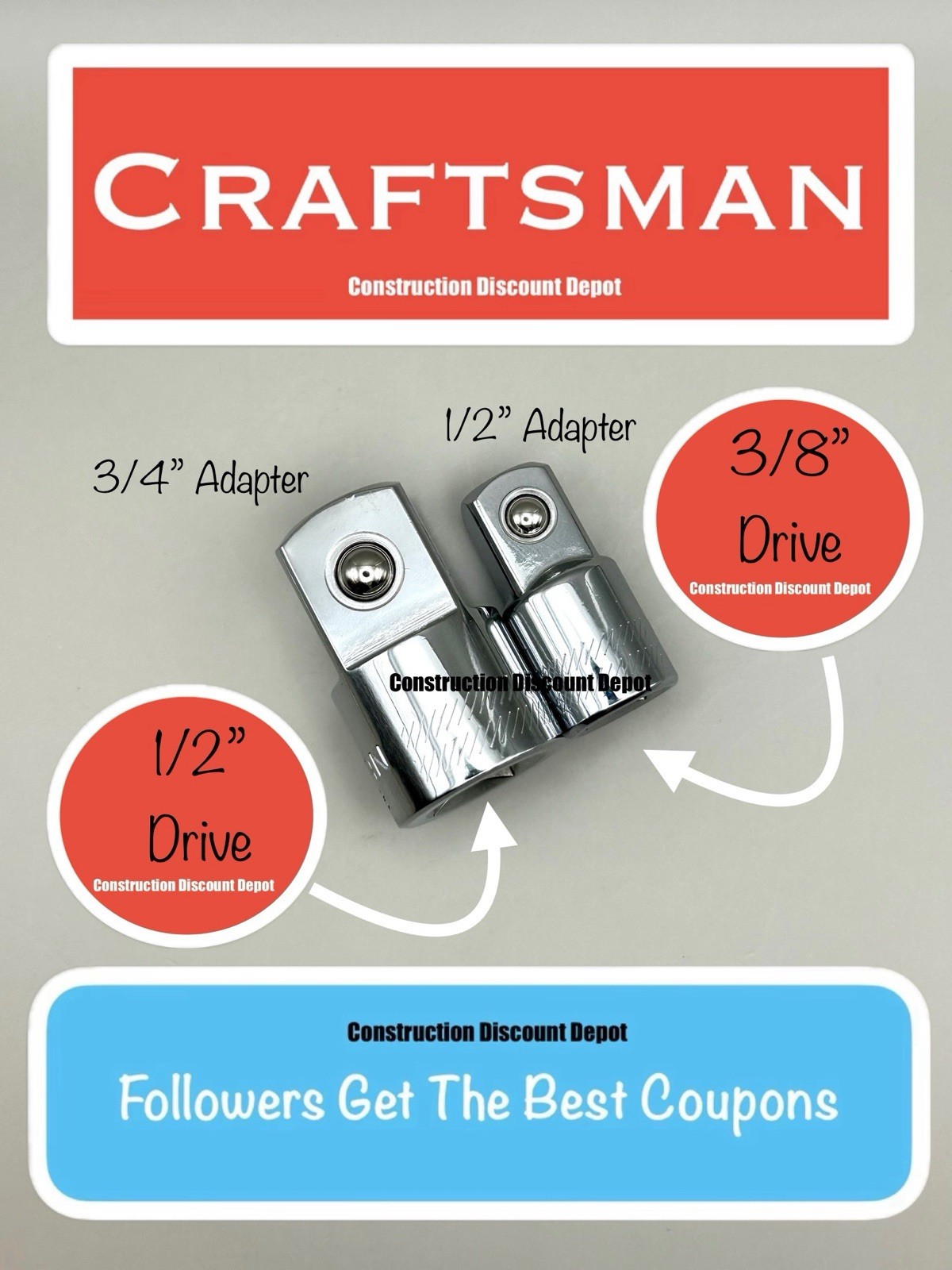 Craftsman 1/2 in. to 3/4-in and 3/8″ to 1/2-in. Large Drive Adapters Set