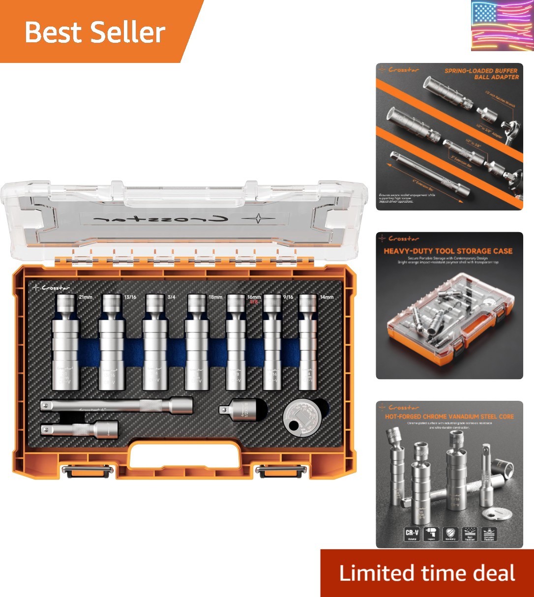 11PC 3/8″ Drive Magnetic Swivel Spark Plug Socket Set – CR-V Steel