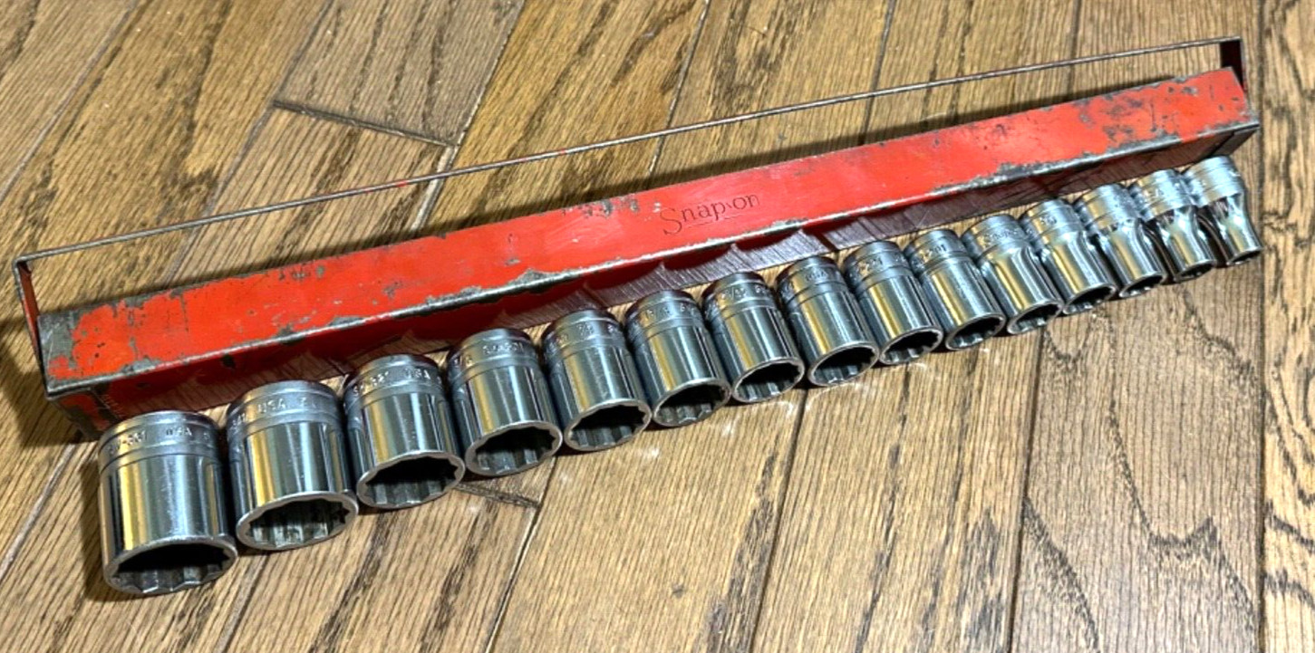 Snap On Tools USA 1/2″ Shallow SAE 3/8″- 1-1/8″ Socket Set Lot 12-PT Red Tray
