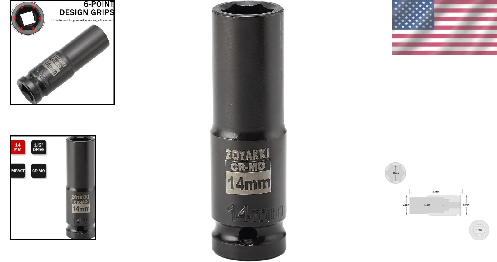 Heavy-Duty 14mm Impact Socket, Deep Design Compatible with 1/2″ Drive Wrenches