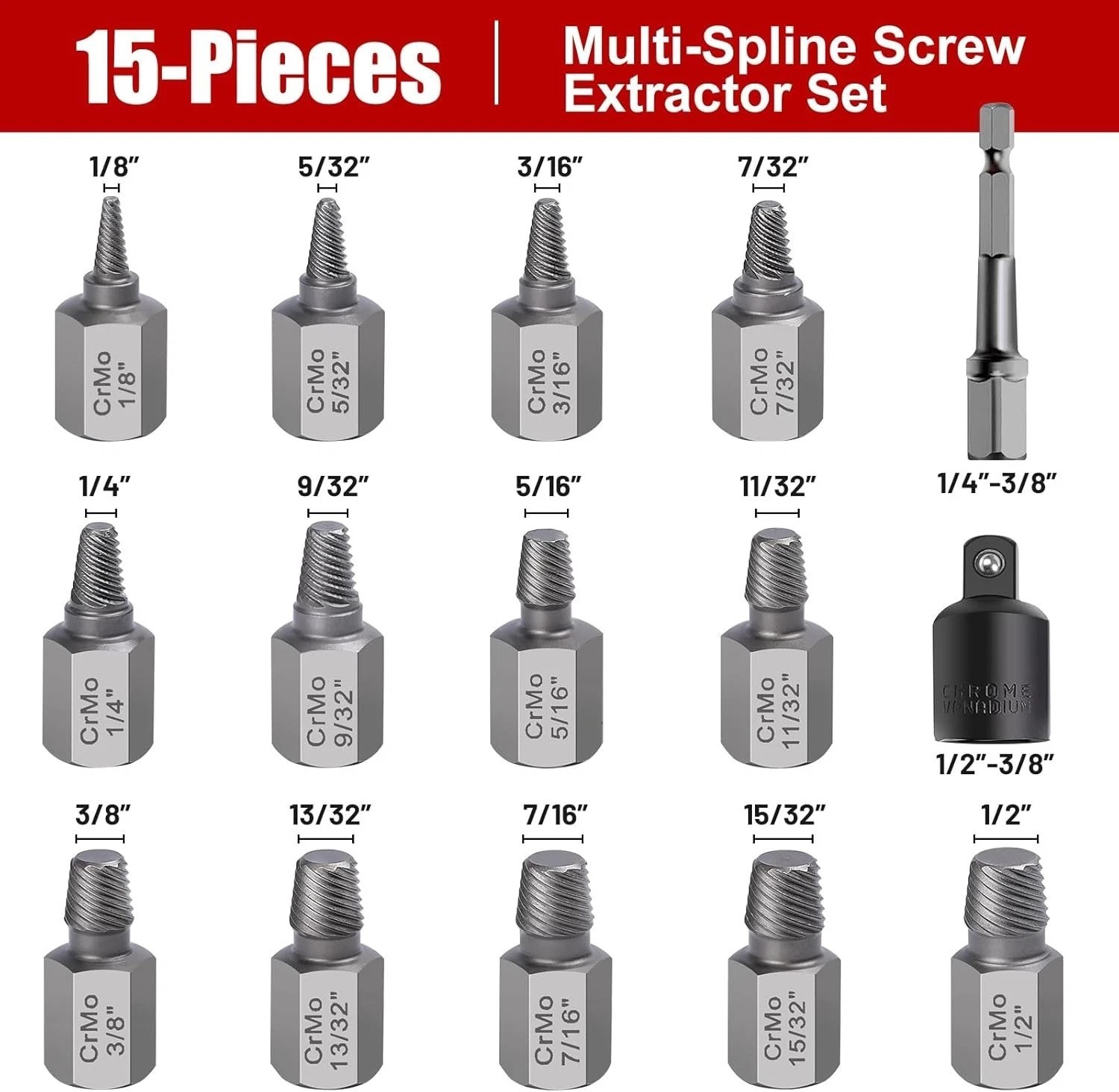 15-Piece Screw Extractor Set for Effortless Removal of Stripped Bolts & Screws