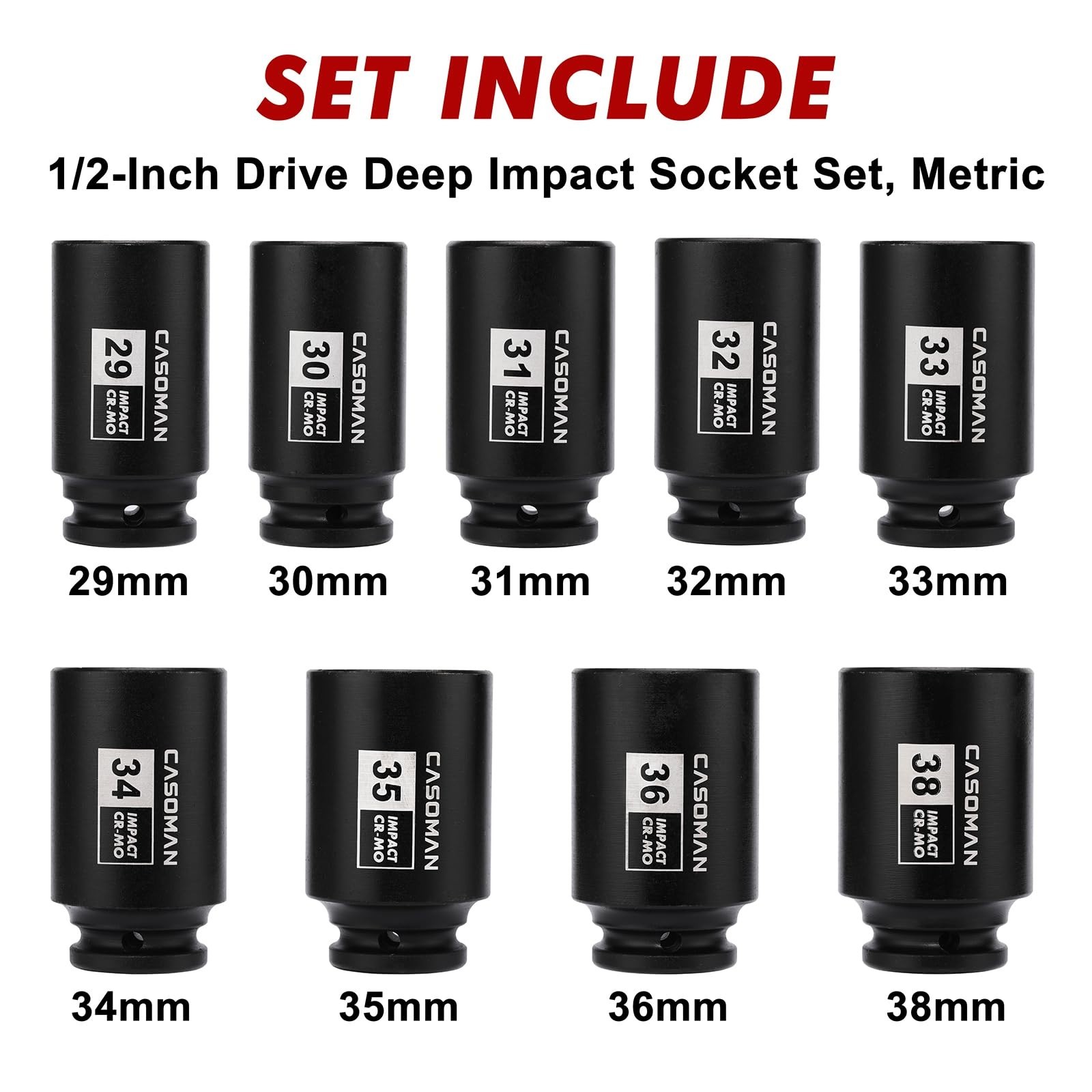 Large 1/2″ Drive Deep Impact Socket Set, 9-Piece, 6 Point, Metric 29mm-38mm, CR-