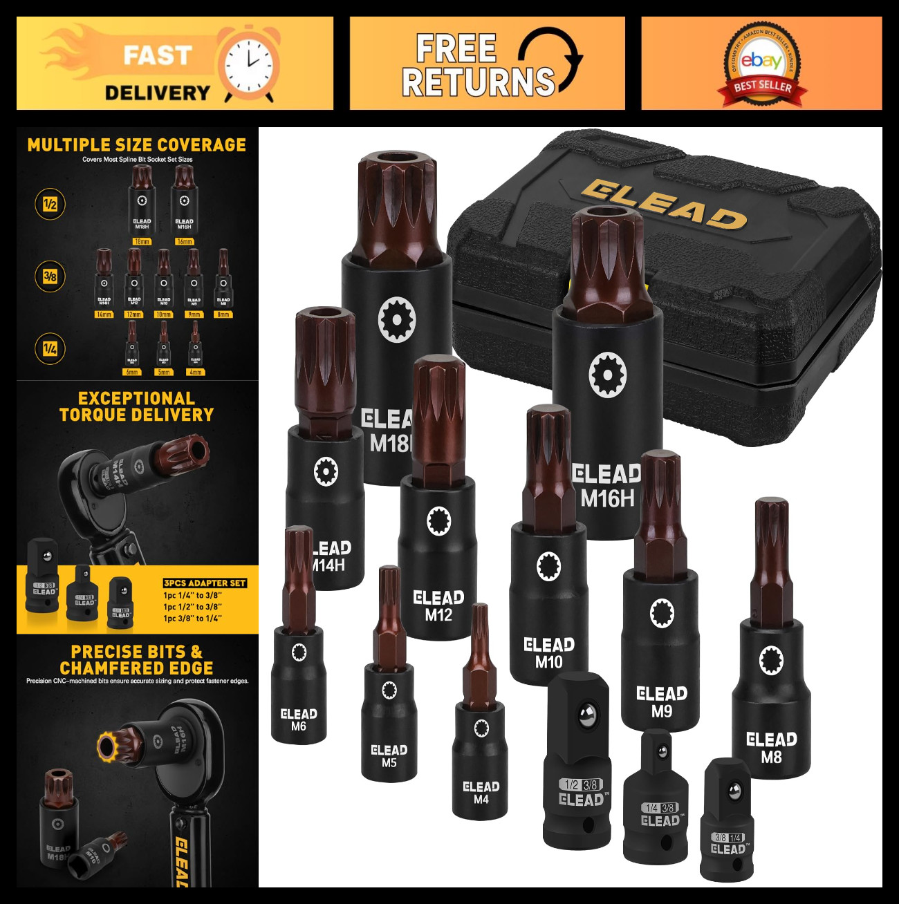 13-Piece Triple Square Spline Bit Socket Set – Premium S2 Steel, M4-M18, 1/4″, 3