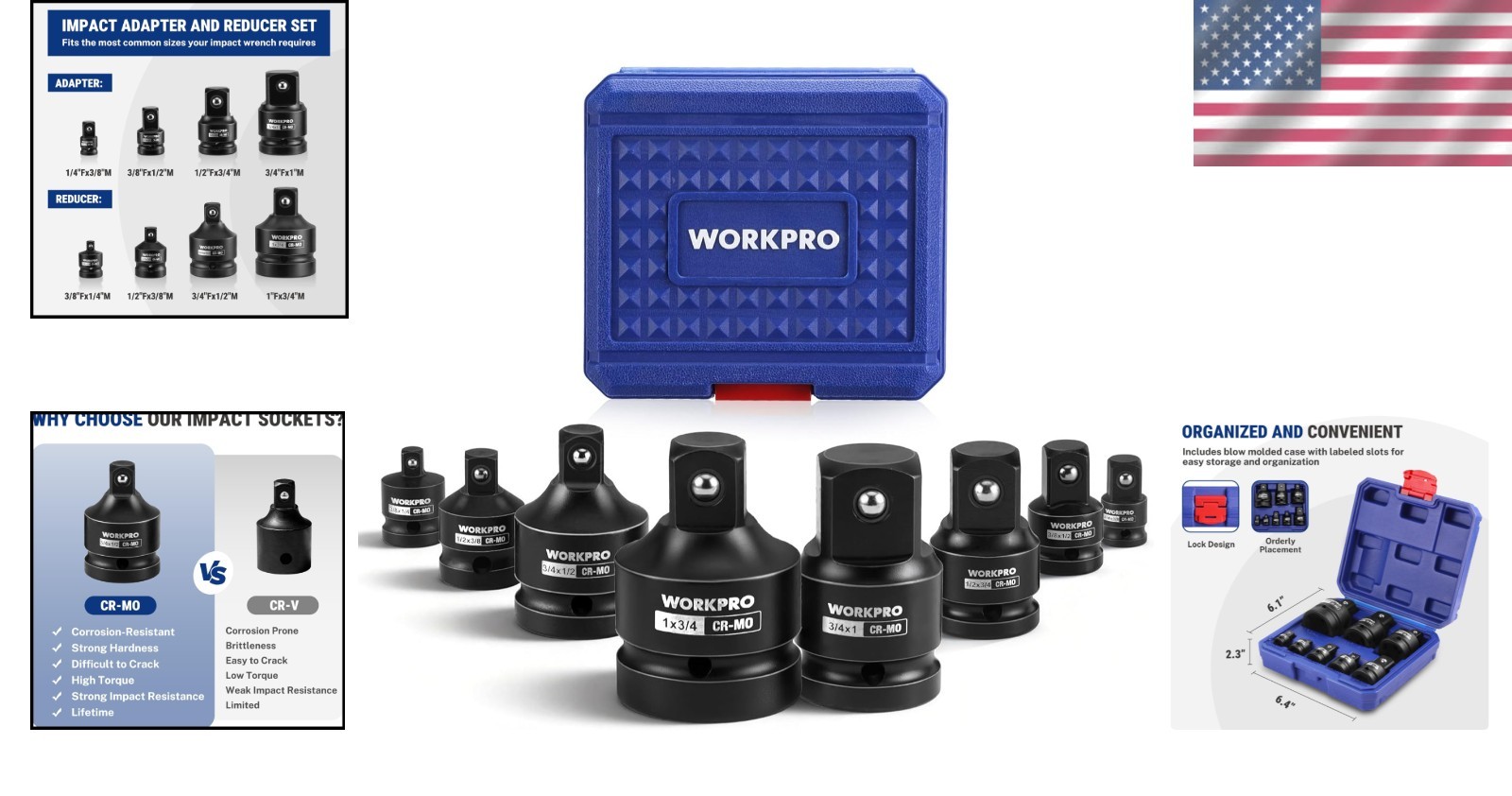 8PC Impact Socket Adapter Set – 1/4″, 3/8″, 1/2″, 3/4″, 1″ Drive Adapters wit…