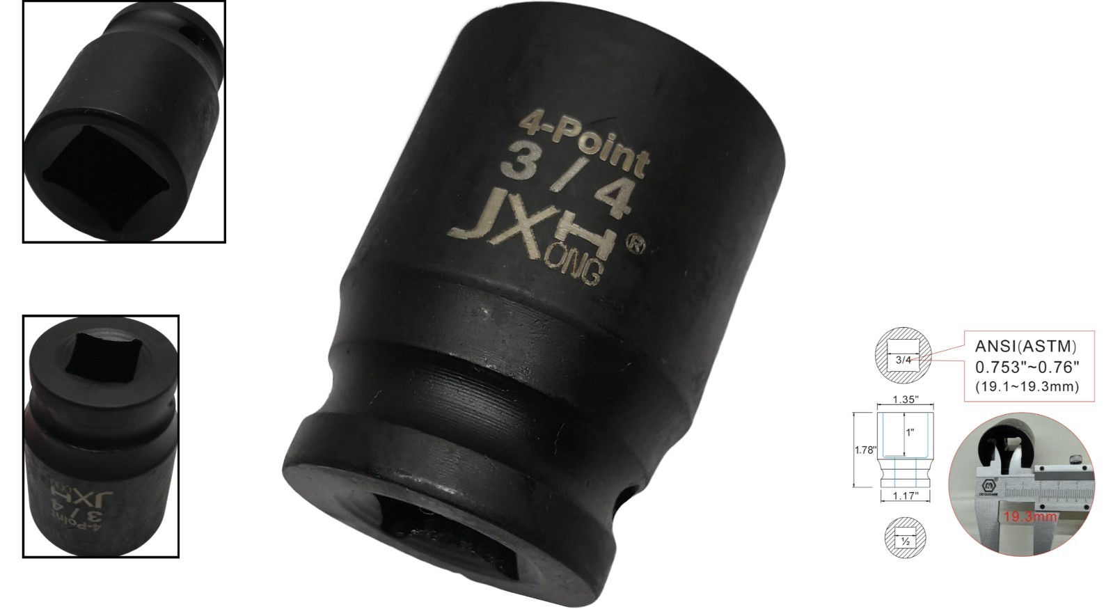 1/2″ Drive 3/4″ 4-Point Square Socket, Heat Treated Cr-V Alloy Steel