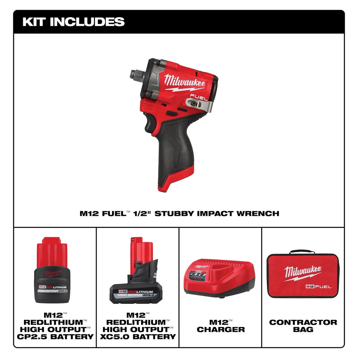 Milwaukee Tool M12 FUEL Stubby 1/2″ Impact Wrench Kit