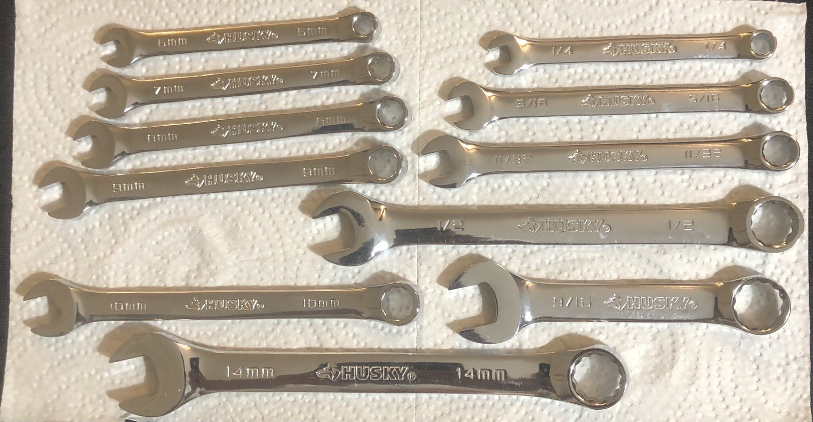 HUSKY BOX END COMBINATION WRENCH SET 14,10,9,8,7,6MM-9/16,1/2,11/32,5/16,1/4”