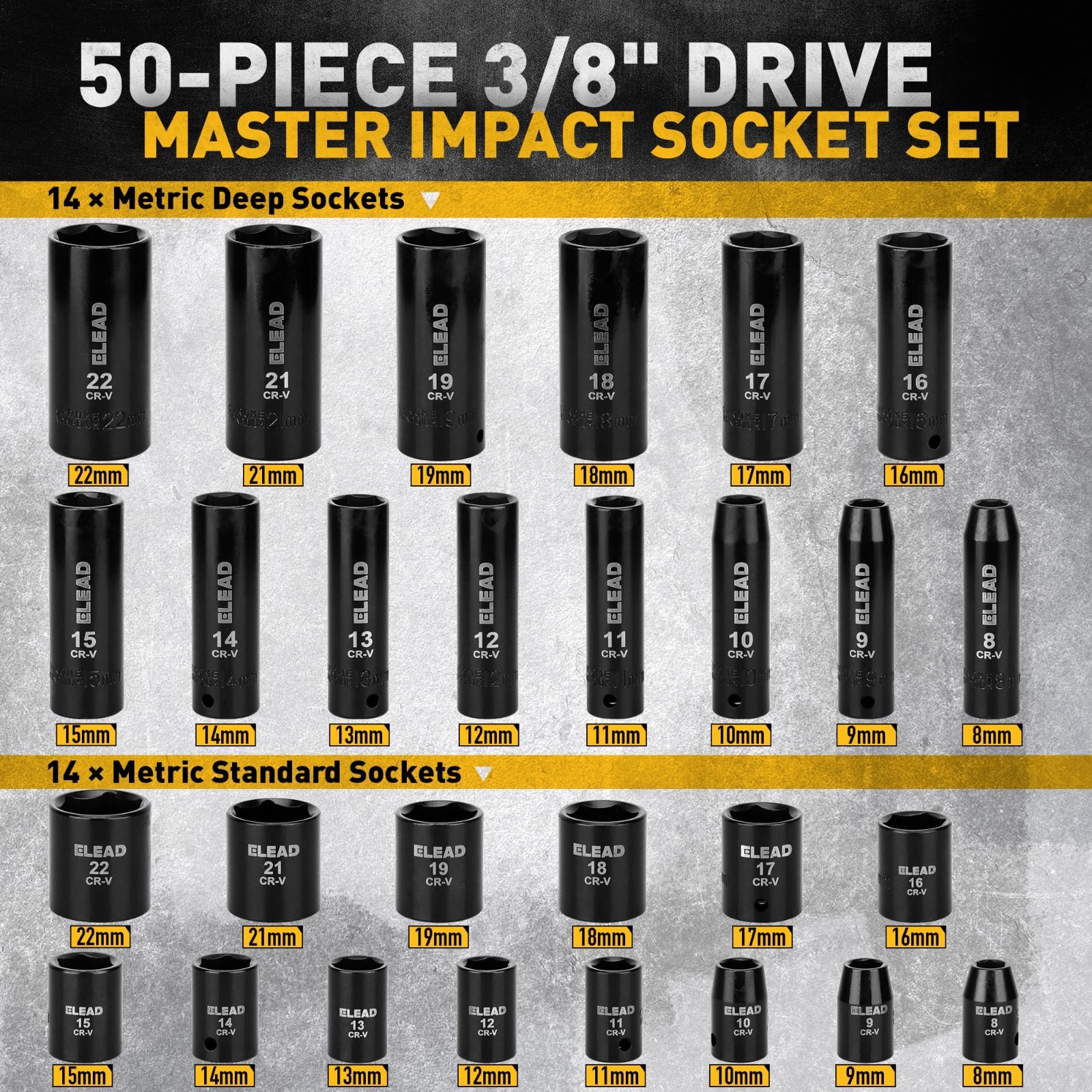 50-Piece 3/8″ Drive Impact Socket Set – Metric & Standard, Universal Joint, Ratc