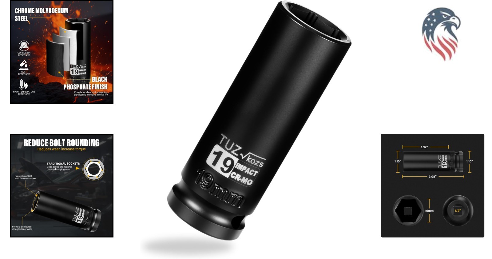 Compatibility Impact Socket 19mm Deep Well Chrome Molybdenum Steel 1/2 Inch D…