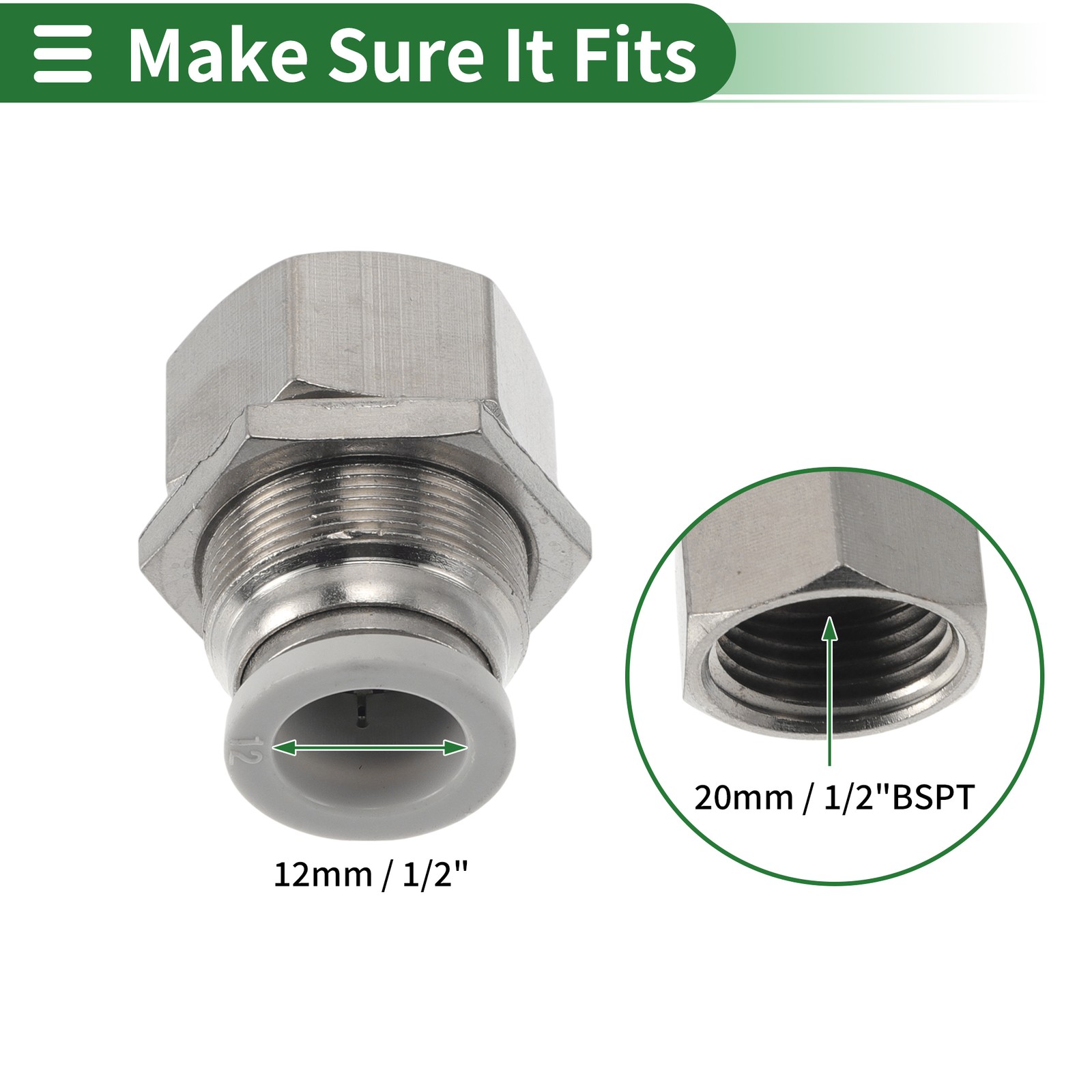 For Push to Fittings 15/32″ Male Joint 20mm/1/2″BSPT Silver