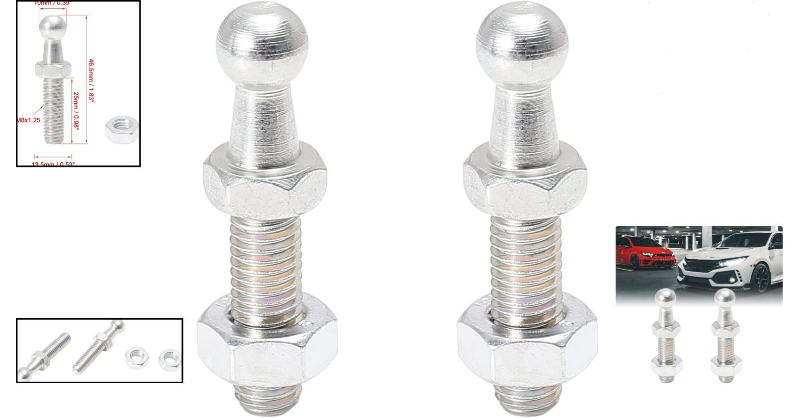 Silver Tone M8x25mm Gas Strut Ball Studs – Ideal for Bonnet Lifters – 2 Pack
