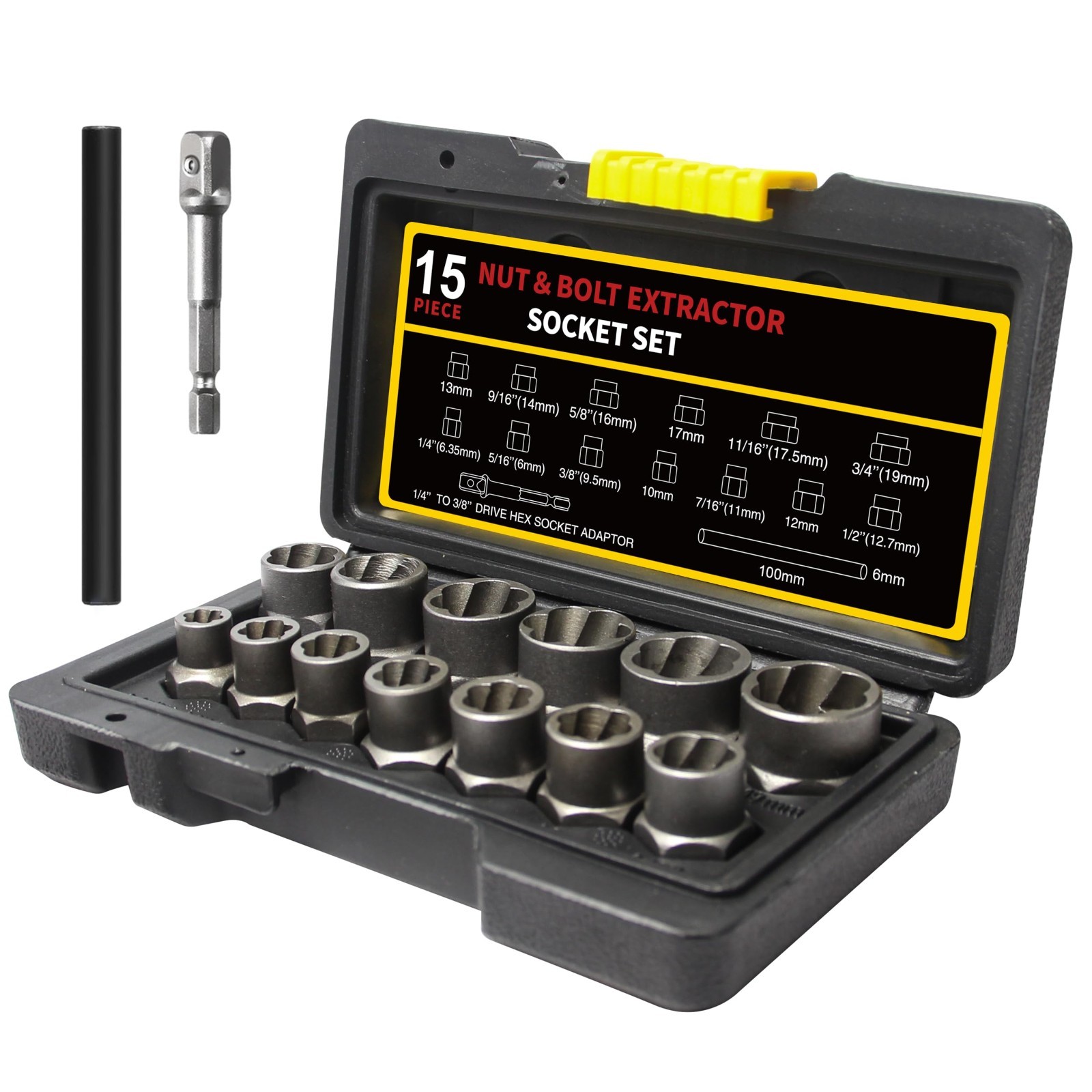15Pcs Heavy-Duty Bolt Extractor Socket Set, 3/8″ Drive Nut Remover Tool, Rusted