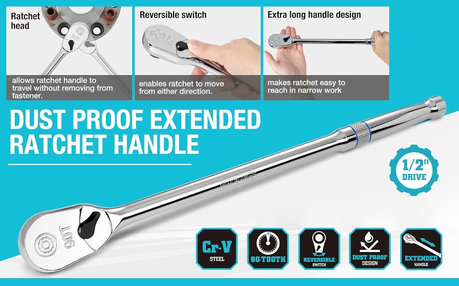 DURATECH Extra Long Handle Drive Ratchet 90-Tooth Ratchet Wrench Dust Proof NEW