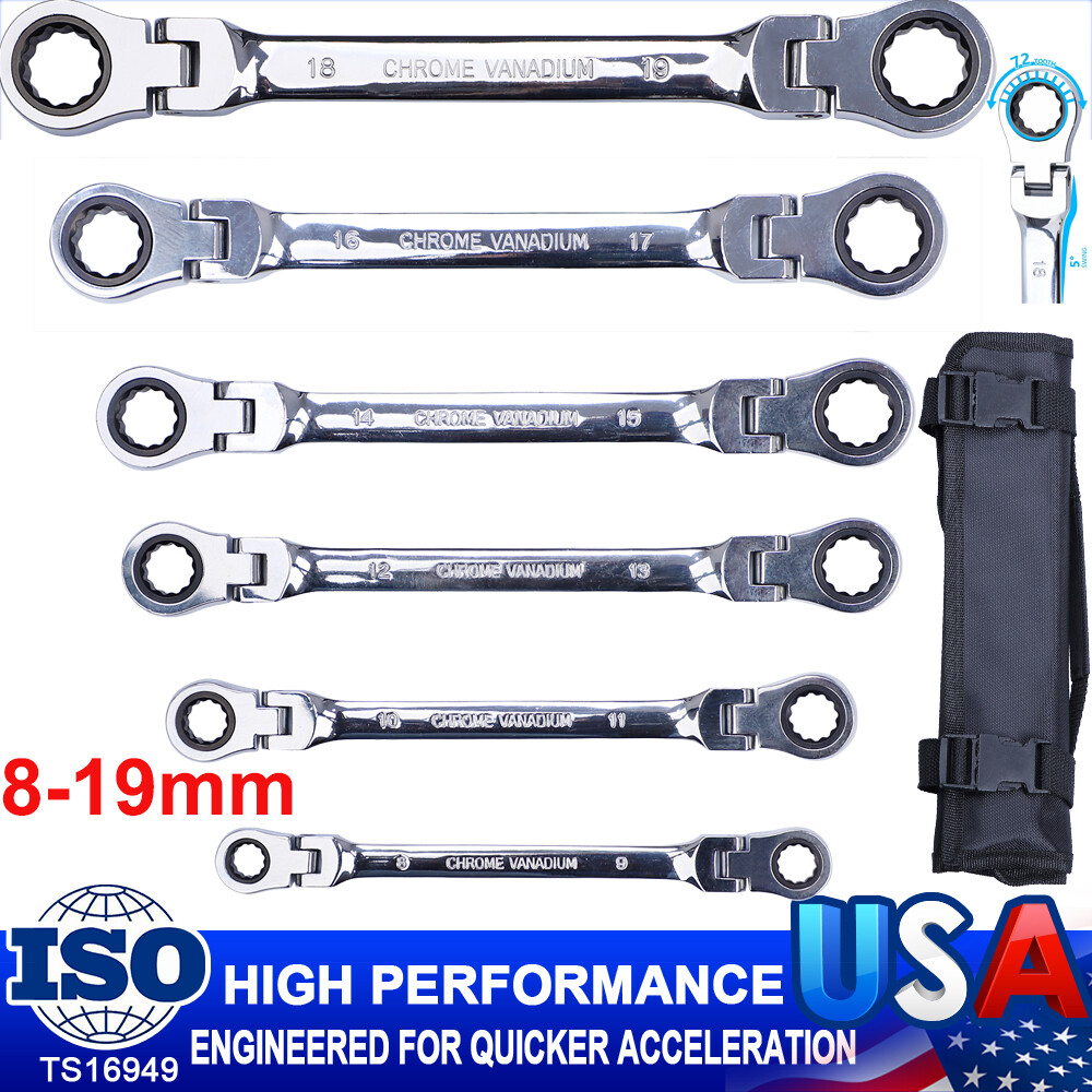 Double Box End Ratcheting Wrench Flex-Head Extra Long SAE Spanner Metric 8-19mm