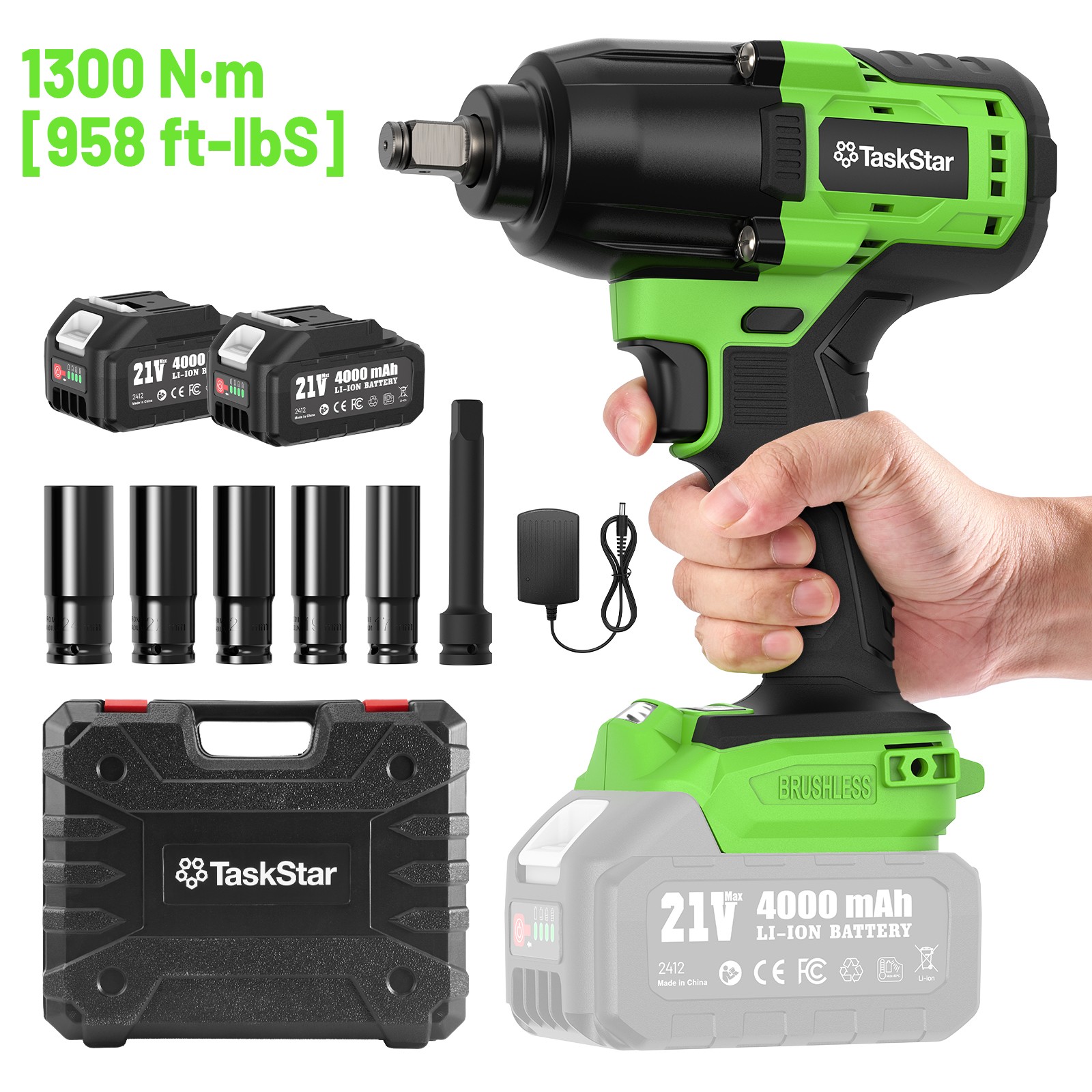 TaskStar 1300N.m (958ft-lbs) 1/2″ Cordless Impact Wrench 2x 4000mah Fast Charge