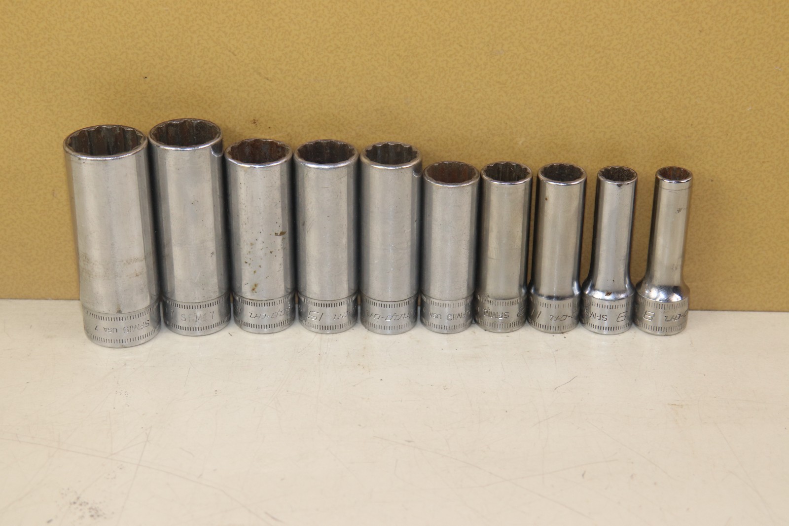 10pc Snap On 3/8″ Dr. 12 Point Deep Socket Set SFM 8,9,11,12,13,14,15,16,17,19mm