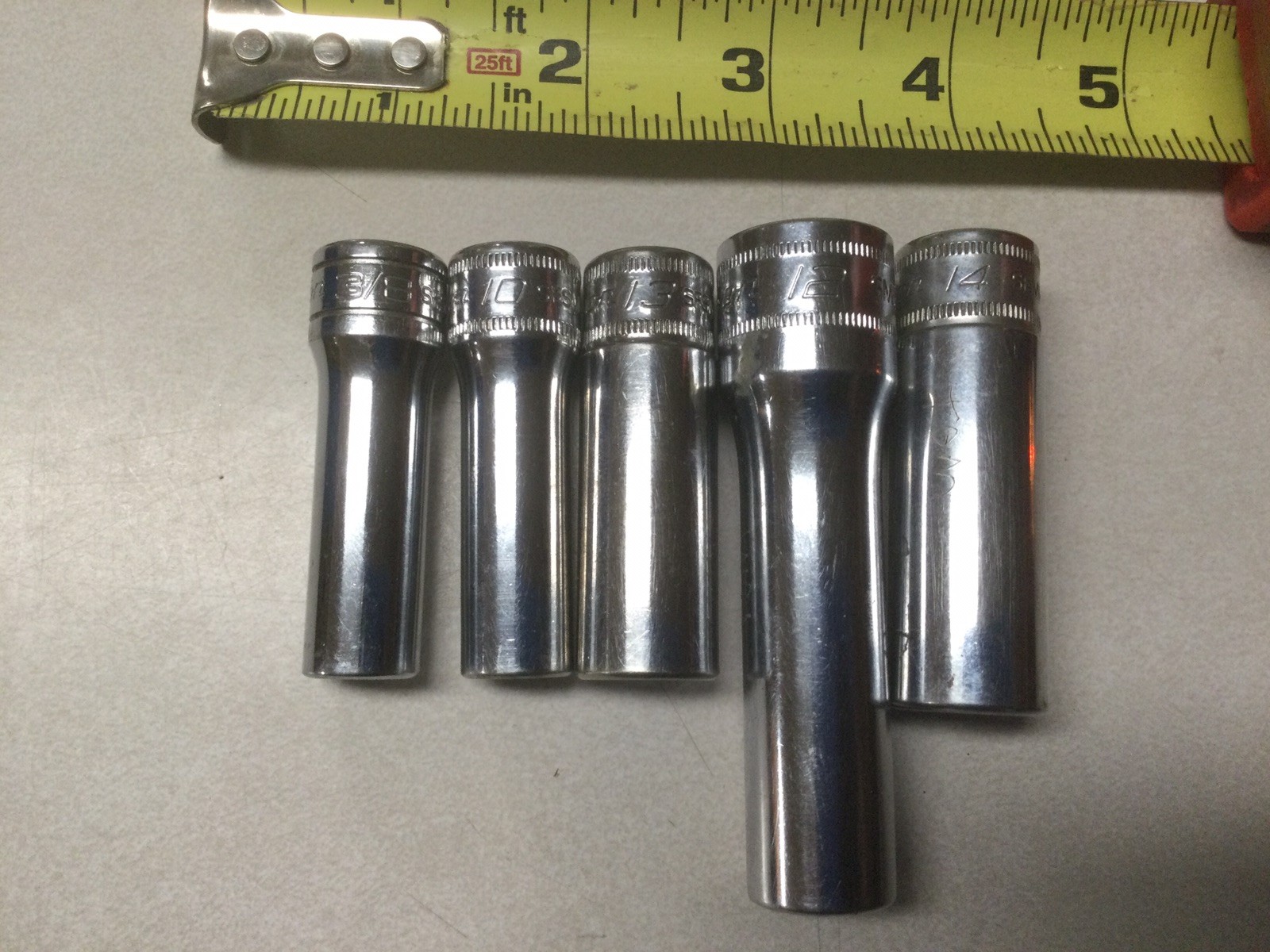5-Snap-On Tools USA 12/13/14/10mm & 3/8” 6 Point Deep Chrome Sockets 1/4-1/2” Dr