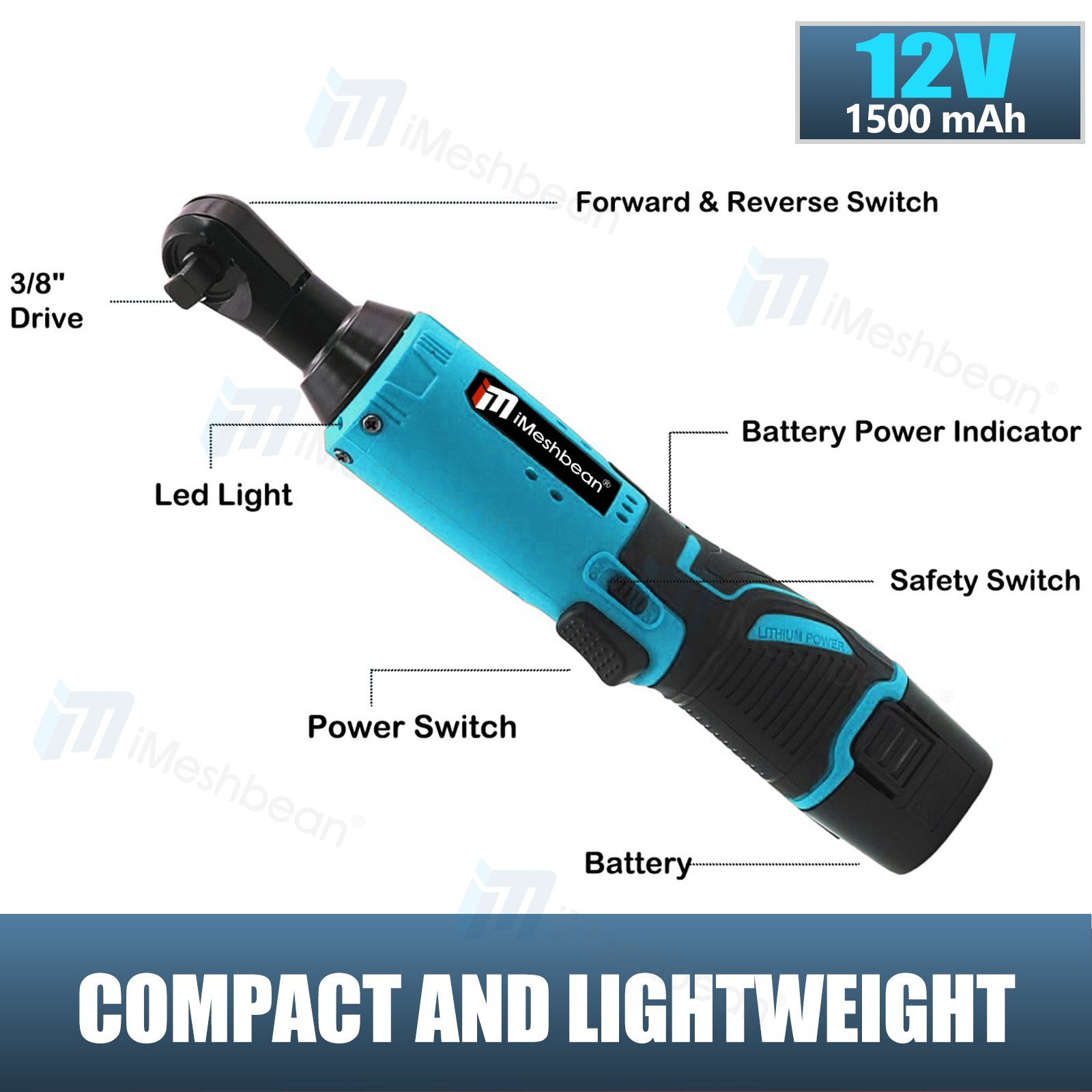 12V 3/8″ Cordless Electric Ratchet Socket impact Wrench Right Angle Battery 60Nm