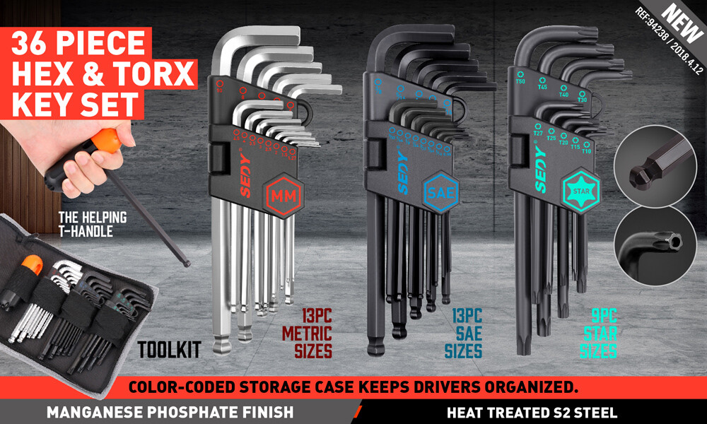 36 PC Long Arm Ball End Hex Key Allen Wrench Set Inch Metric Star With Bag Gift