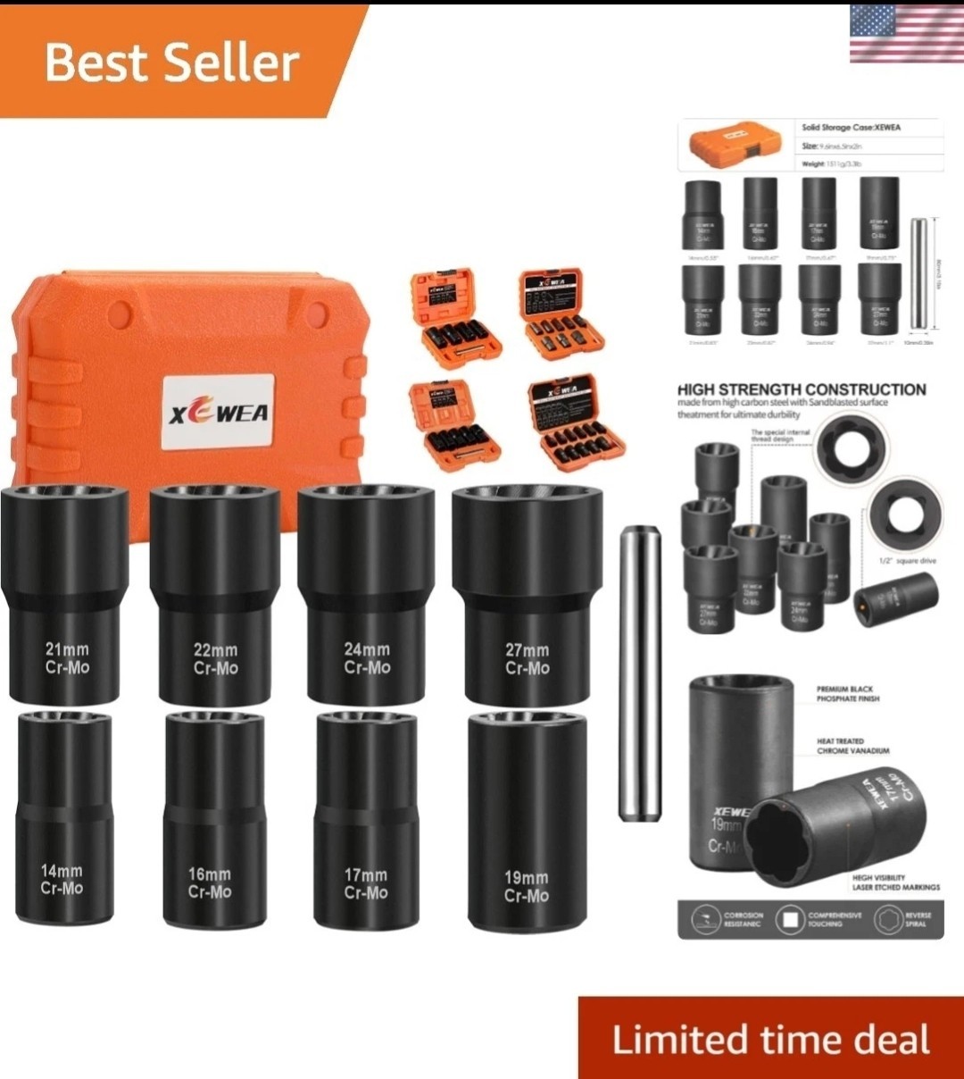 9PCS Lug Nut Extractor Set, 1/2″ Drive Impact Bolt Remover Socket Tool, Wheel…