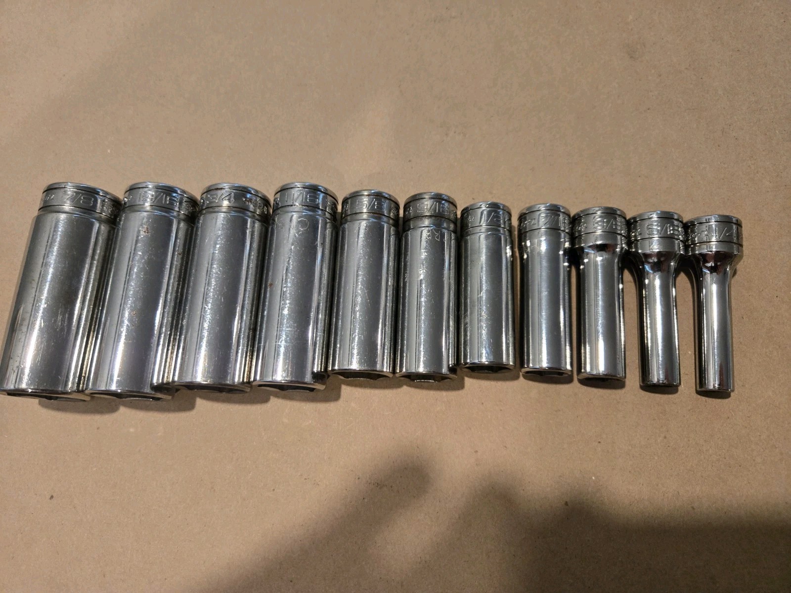 Snap On 3/8″ Drive 1/4″-7/8″ 6PT SAE Deep Chrome Sockets USA With Rack Lot Of 11