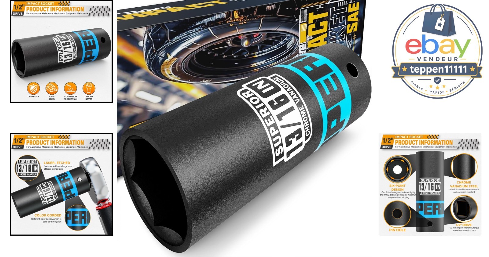 1/2″ Drive Impact Socket 13/16 Inch Deep Socket 6 Point CR-V