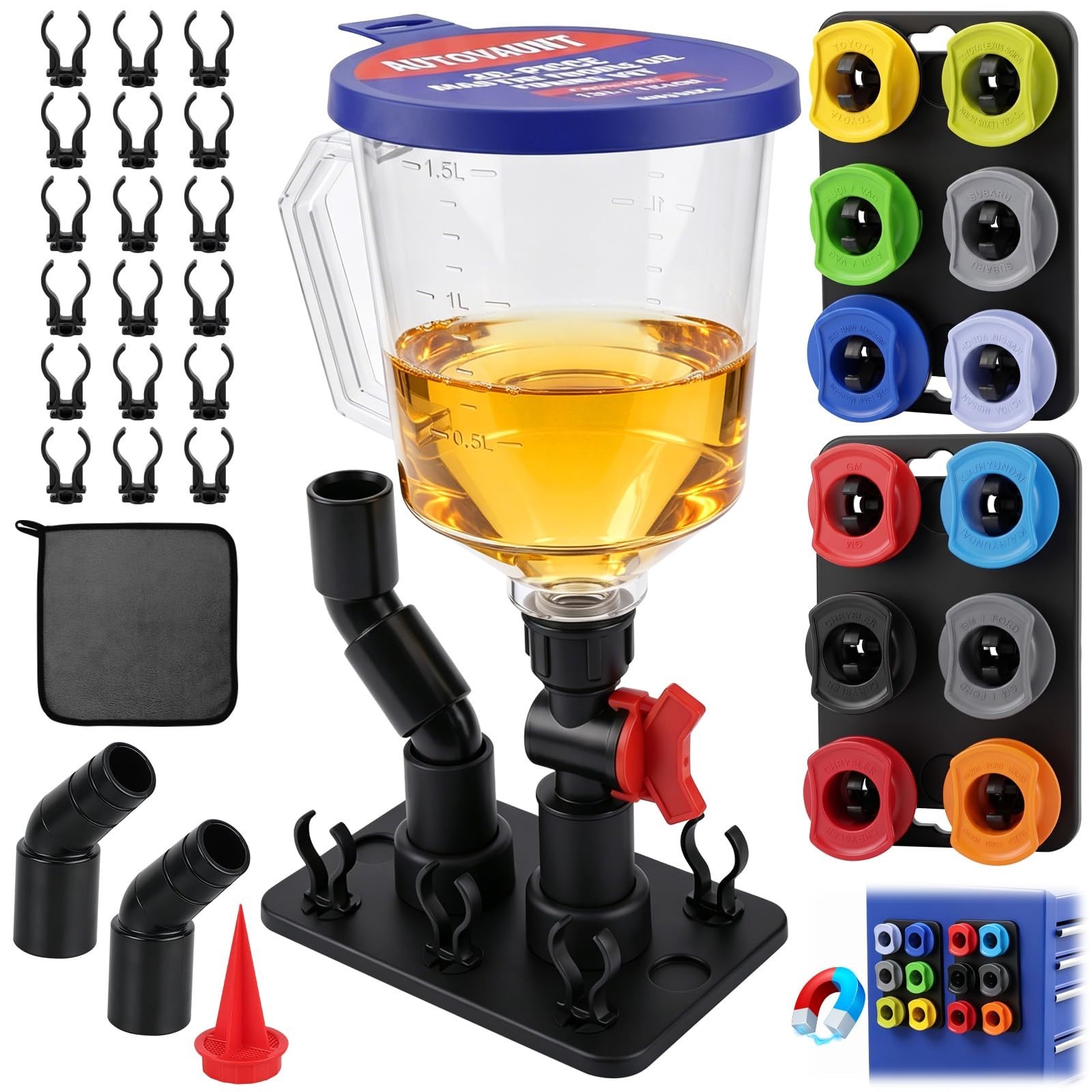 20-Piece Spill-Proof Oil Funnel Kit with 12 Adapters & Shut-Off Valve, Automotiv