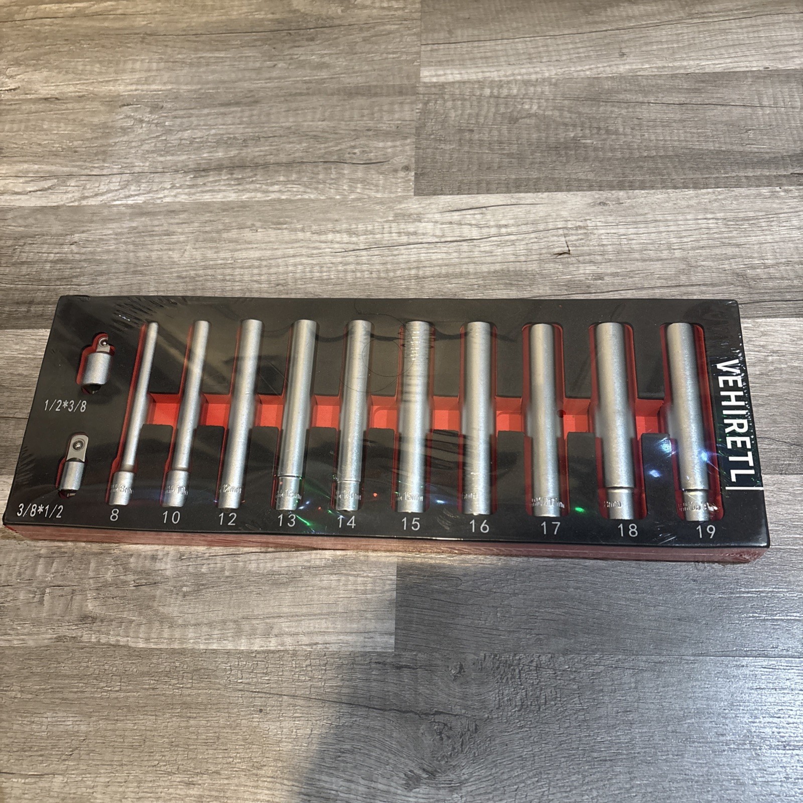 12pc 3/8″ dr, 12 Point 4.75″ Extra Long Deep Socket Set 8-19mm w/Adapters