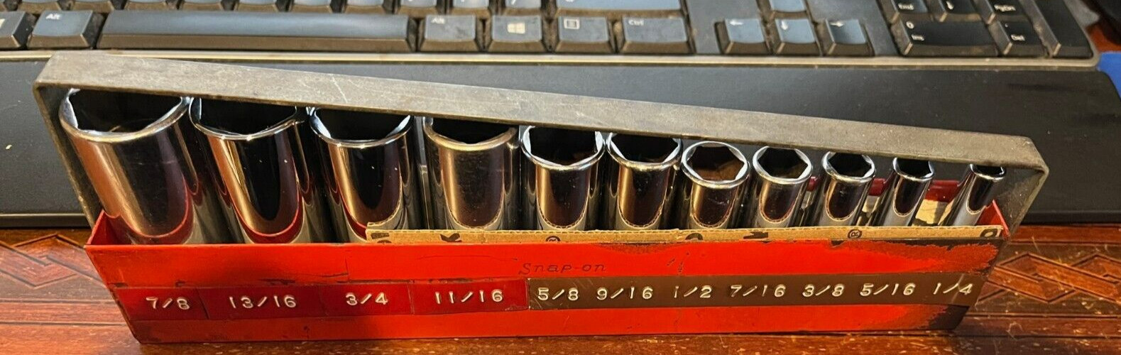 Snap-on 11Pc SAE 3/8″ Drive Deep Socket Set 1/4″ 7/8″ 6Pt 211SFSY w/ MetalTray