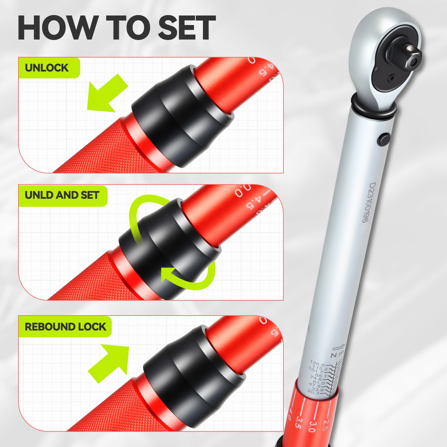 3/8″Drive Dual-Scale Adjustable Ratchet Wrench Set 10-100ft.lb/13.6-135.6 n.m