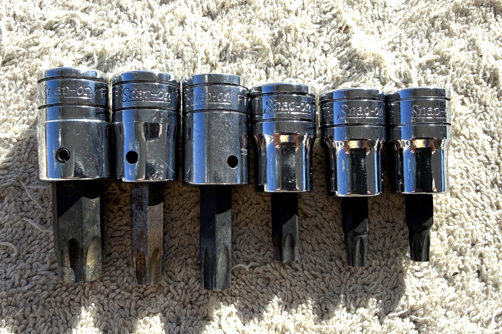 LOT OF 6 SNAP-ON 3/8 INCH DRIVE TROX SOCKETS AS PICTURED AND DESCRIPTED