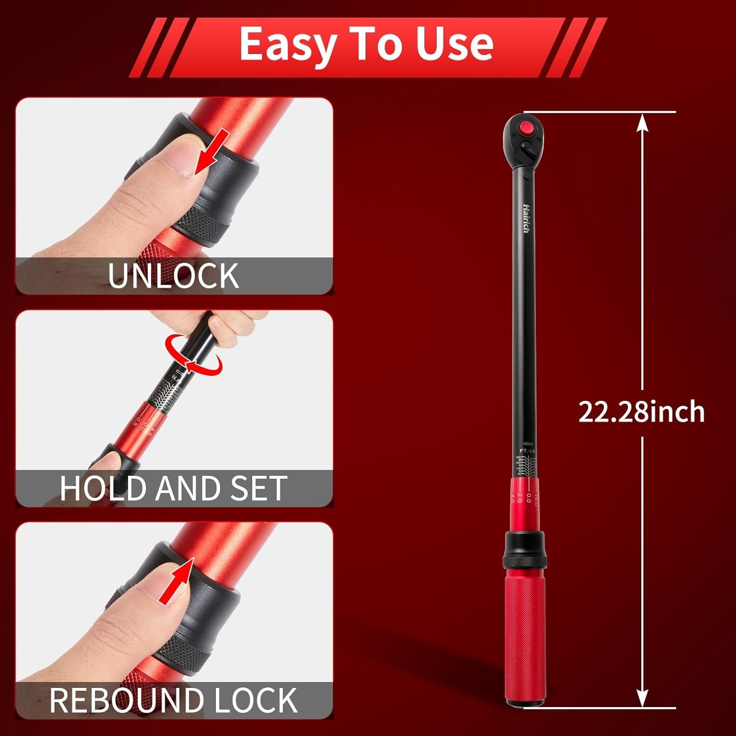Hairich 1/2″ Drive Click Torque Wrench, Dual-Direction 40-300 ft.lb / 33.9-406.8