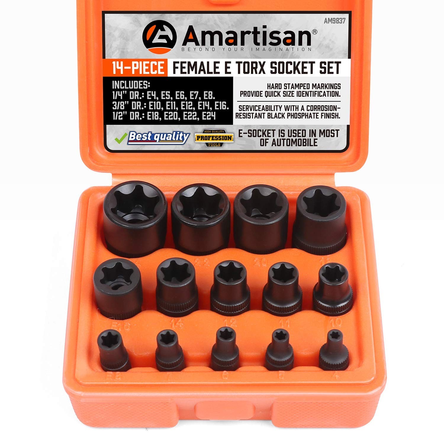 Amartisan 14 Pc Female E-Torx Star Socket Set/Rail, 1/4″ 3/8″ E4 – E24, Black