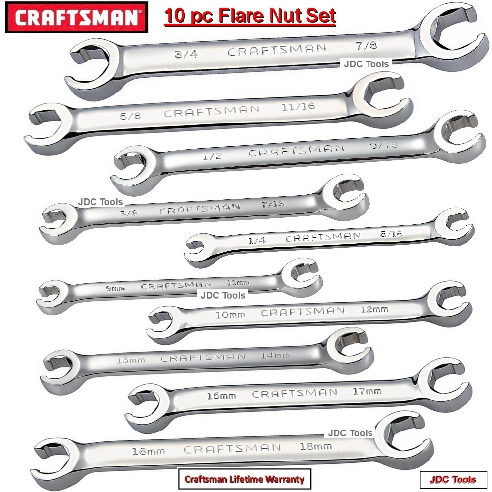 CRAFTSMAN TOOLS 10 pc SAE and MM Flare Nut Wrench Set 9-18 MM 1/4-7/8″ SAE 9 5