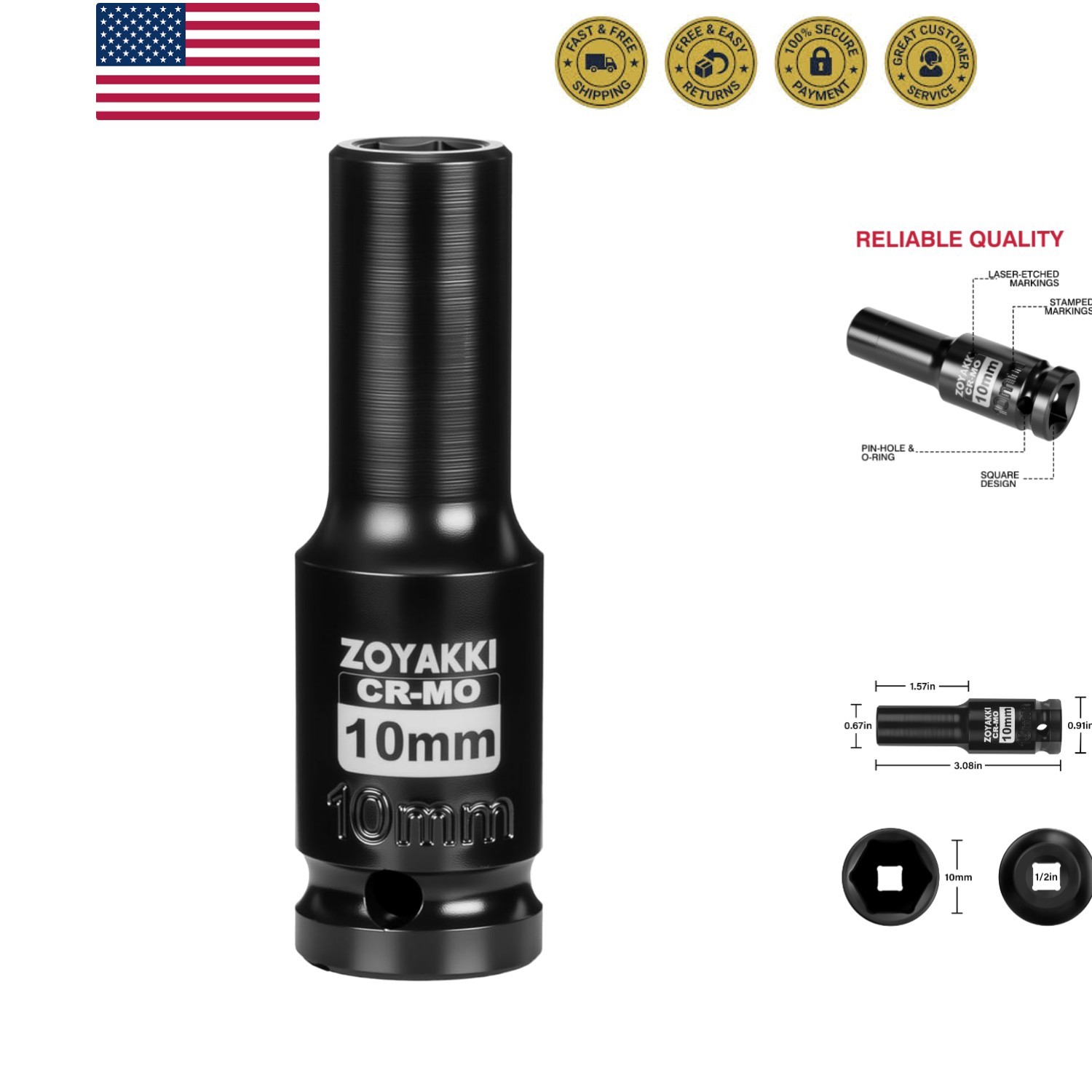10mm Metric 6 PT Impact Socket for 1/2″ Drive – Laser-Etched for Precision