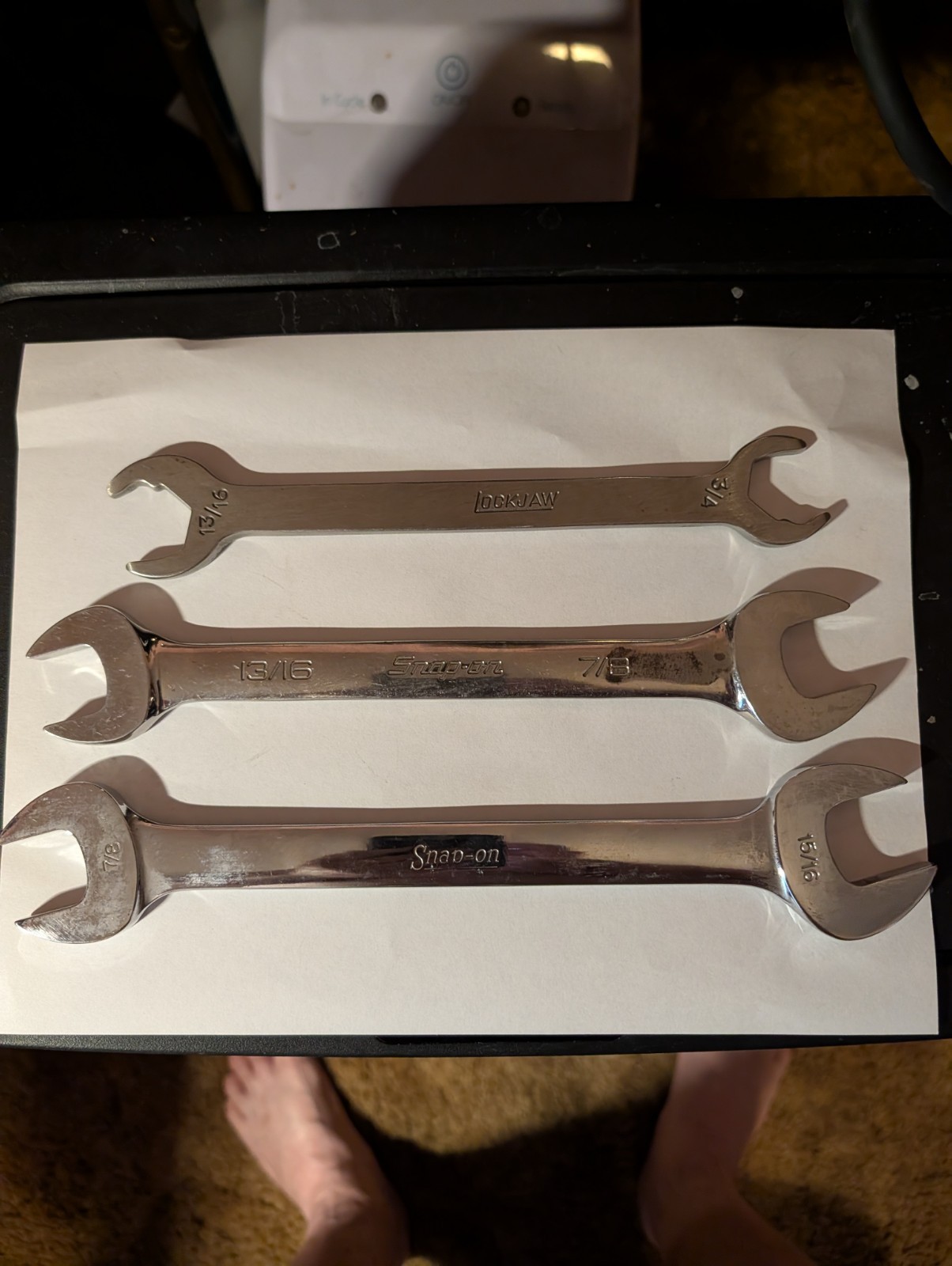 3- open end wrenches 2 snap on 7/8×15/16-13/16×7/8 & lockjaw 3/4×13/16
