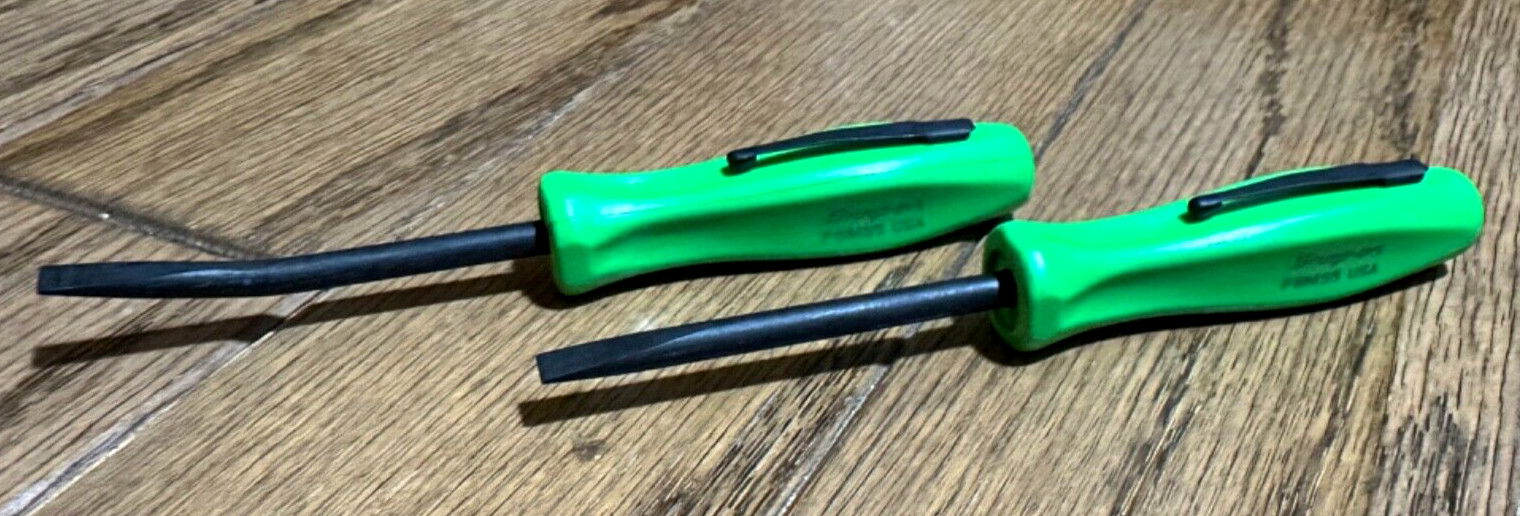 🆕 Snap on Tools GREEN 5″ Straight Bent Curved Mini Pocket Clip Pry bar Set Lot