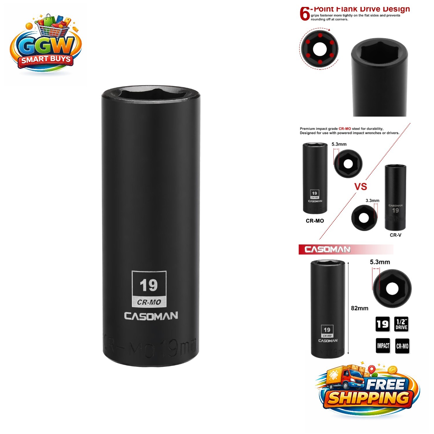 Durable 19mm Deep Impact Socket – 6-Point Design, Chrome Moly Steel, Lightweight