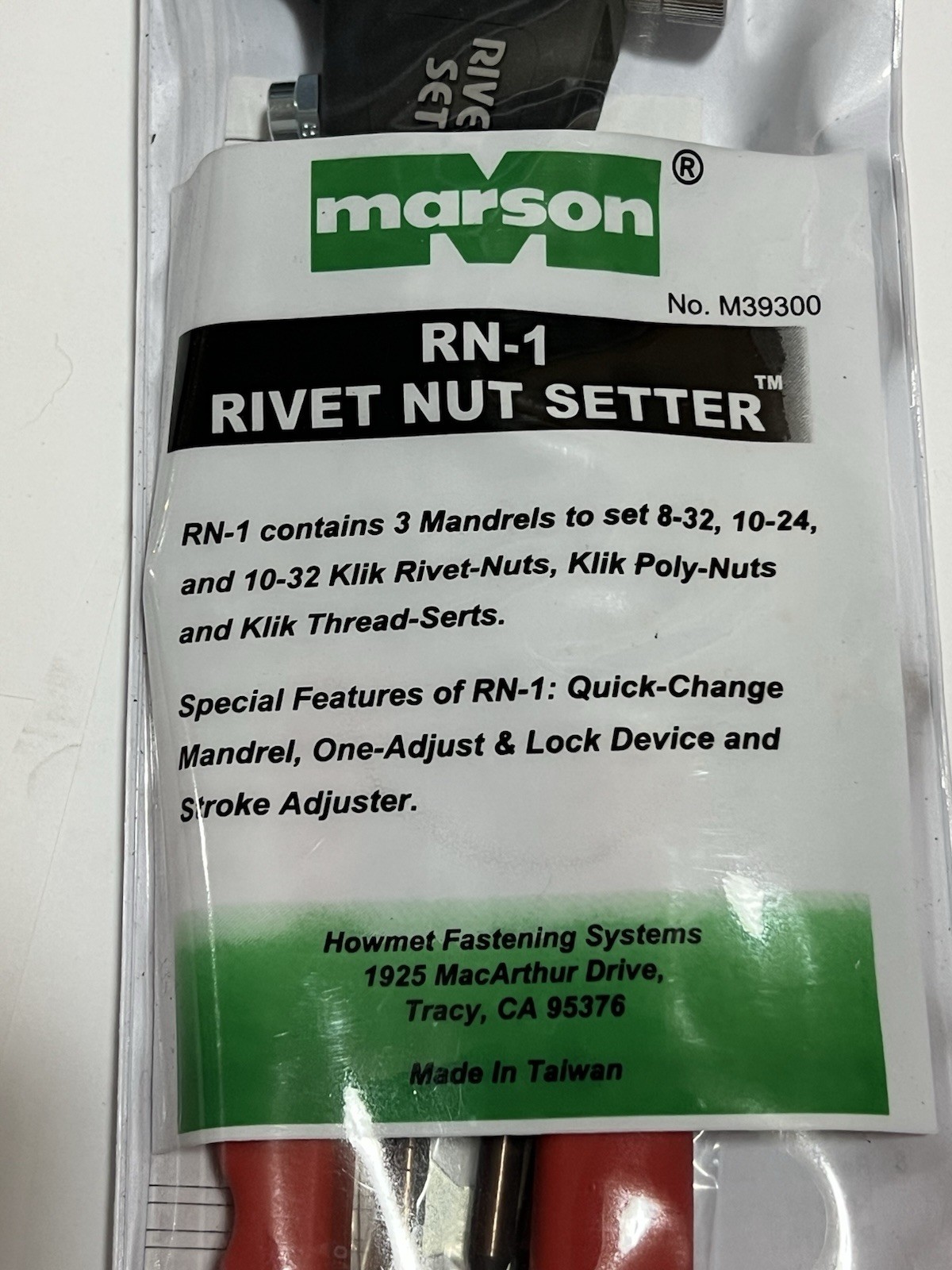 Marson 39300 RN-1 Rivet Nut Setter Installer Tool 8-32 10-24 10-32 NICE