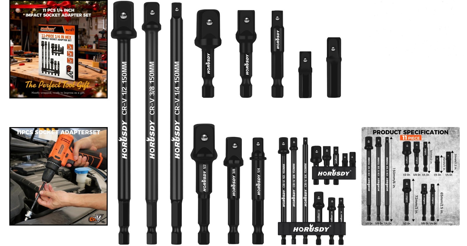 11-Piece Impact Socket Adapter Set 1/4, 3/8, 1/2-Inch Hex Shank Cr-V Steel
