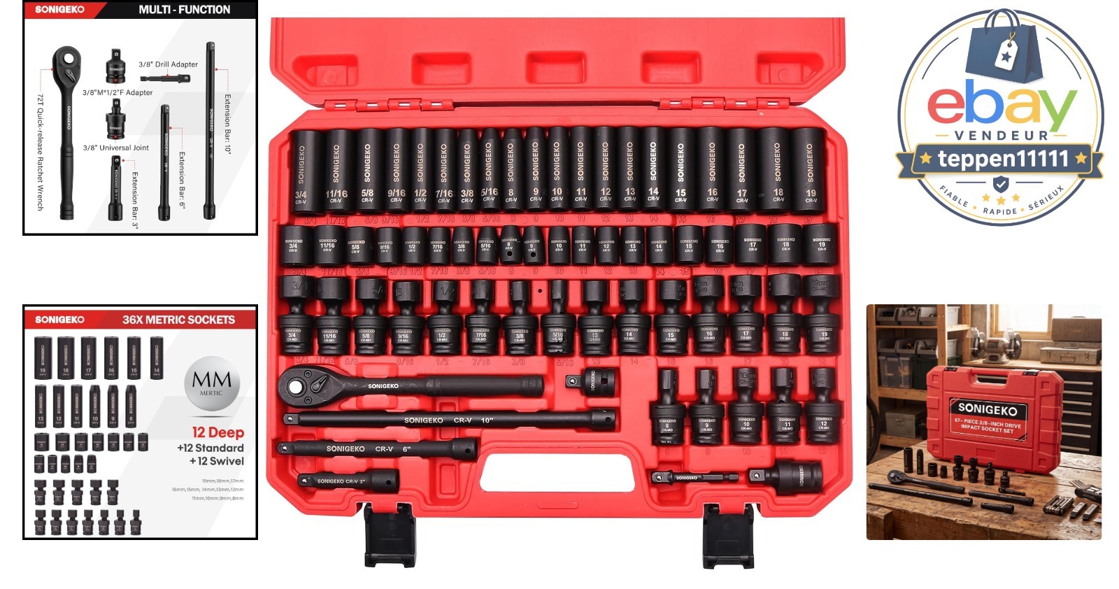 3/8″ Drive Impact Socket Set, 67-Piece Standard Metric SAE CR-V Steel