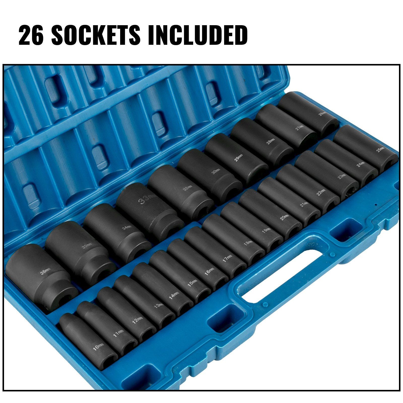 1/2″ 26pcs Impact Socket Set w/Case,Deep Socket, 6-Point Sockets Metric 10-36mm