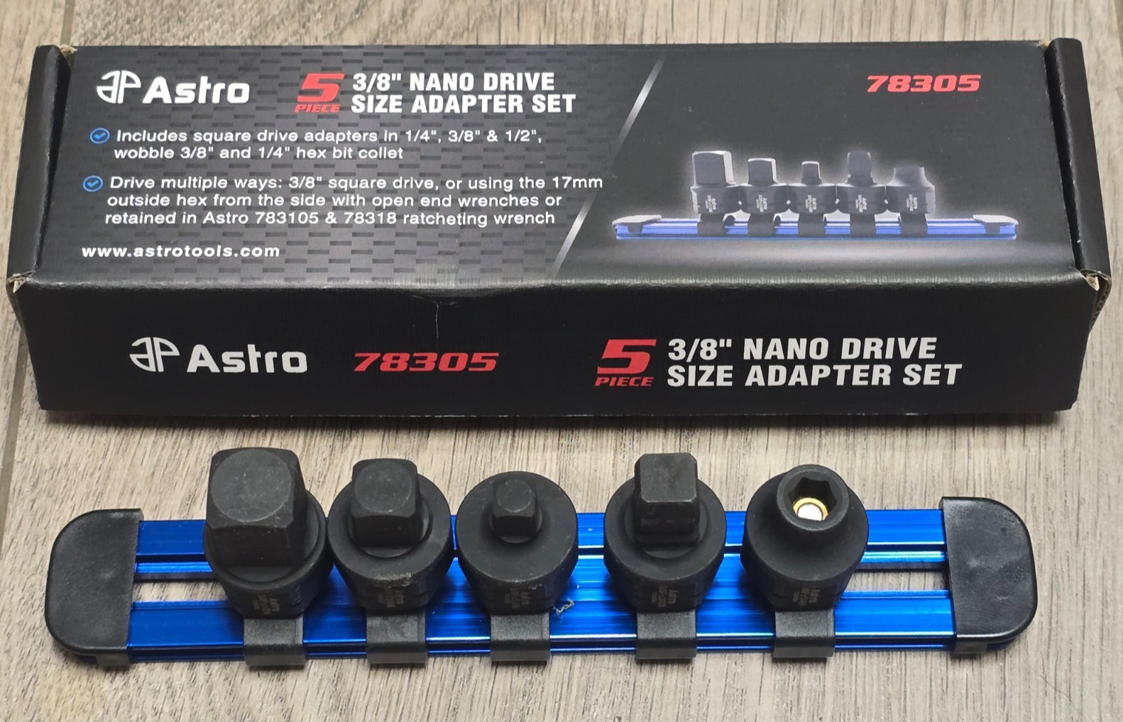 Astro Tools 5pc Nano Dual Drive (3/8″ & 17mm) Socket Adapter Set w/Rail #78305